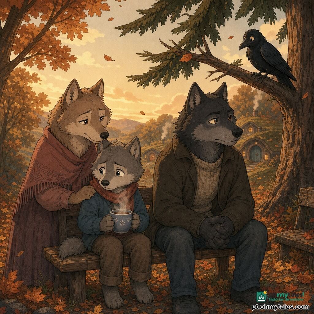 O personagem principal é um pequeno lobo antropomórfico chamado Lino, rosto redondo, pelagem cinza macia, olhos grandes e brilhantes, expressão triste e curiosa; ele está sentado num banco de madeira, ombros levemente curvados, segurando uma xícara de chá fumegante; a mãe é uma loba de pelagem castanho-claro, olhar calmo e terno, em pé ao lado do banco com uma pata sobre o ombro de Lino oferecendo conforto; o pai é maior, pelagem mais escura, olhar sério e sereno, sentado um pouco atrás no mesmo banco com as mãos sobre os joelhos; um corvo chamado Nino, plumagem negra e olhos vivos, empoleirado num galho baixo do pinheiro próximo observando a cena; o lugar é uma clareira de outono com tapete de folhas laranja e marrons, um grande pinheiro à direita com o banco gasto por baixo, luz suave do entardecer filtrando entre as árvores e pequenas casas de terra ao longe; atmosfera doce e melancólica, cores quentes e contrastes suaves, com vapor do chá, folhas caindo e texturas da pelagem visíveis.