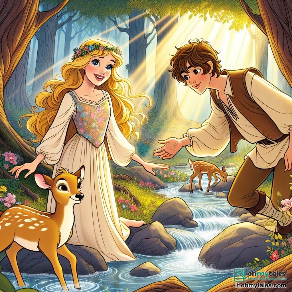 La Bella Addormentata nel Bosco, una giovane donna di vent'anni, è rappresentata con lunghi capelli dorati che fluttuano come raggi di sole. Indossa un abito semplice ma elegante, nei toni pastello, e il suo viso esprime una gioia contagiosa mentre sorride aiutando un piccolo cervo a attraversare un ruscello. Accanto a lei, Filippo, un ragazzo di circa 18 anni, ha capelli castani disordinati e occhi brillanti di gentilezza. È accovacciato, tendendo la mano verso il cervo con un'espressione determinata e benevola. Lo scenario è una foresta incantata, con alberi maestosi, fiori colorati sul terreno e un ruscello scintillante che serpeggia tra le rocce. La luce del sole filtra attraverso le foglie, creando un gioco di ombre e luci magiche. La scena principale mostra Aurora e Filippo uniti in un atto di bontà, aiutando il piccolo cervo a attraversare il ruscello, simboleggiando l'amicizia e il coraggio di fronte alle sfide della natura.