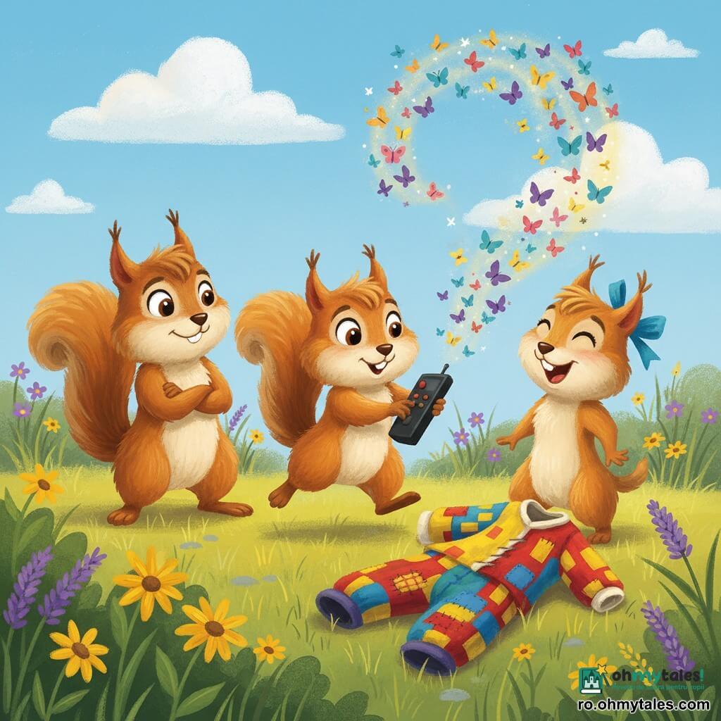 Coco, o veveriță mică curioasă și poznașă cu ochi mari și blană roșcată, ține o telecomandă neagră veche și apasă un buton, surprinsă și încântată; Titi, fratele mai mare cu blană mai închisă, zâmbește protector stând în stânga cu brațele încrucișate; Bibi, sora energică cu panglică albastră și blană deschisă, râde lângă un costum de carnaval rupt; în jur un tufiș scund și o pajiște cu flori sălbatice, un nor de fluturi colorați se înalță dintr-un tufiş, scenă veselă, culori vii și texturi de guașă, compoziție centrată pe cele trei veverițe, atmosferă de prietenie și uimire.
