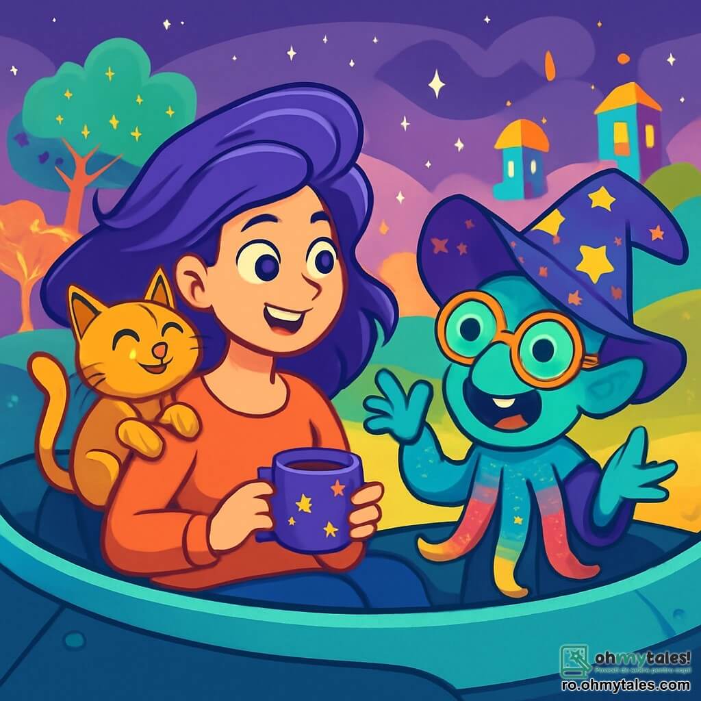 O femeie, Steleara, stă în nava ei spațială, „Nebuloasa Râzătoare”, cu părul violet fluturând și ochii strălucind de curiozitate. Zâmbește cu uimire, ținând o ceașcă de ceai galactic, în timp ce un motan robotic auriu se odihnește pe umărul ei. Lângă ea, un pitic cu tentacule colorate, purtând o pălărie mare înstelată și ochelari uriași, râde vesel, iar ochii lui rotunzi strălucesc de șotii. El stă în picioare, gesticulând entuziast, pregătit să-i arate minunile planetei. Nava este înconjurată de o planetă magică, unde copacii dansatori cu frunze strălucitoare se leagănă sub un cer violet presărat cu stele. Clădiri flotante în culori vii se ridică în jurul lor, creând o atmosferă feerică și ludică. Situația principală arată cum Steleara și piticul descoperă o lume fantastică, unde magia și tehnologia se îmbină, pregătindu-se să exploreze minunile Planetei Magilor Nebuni.