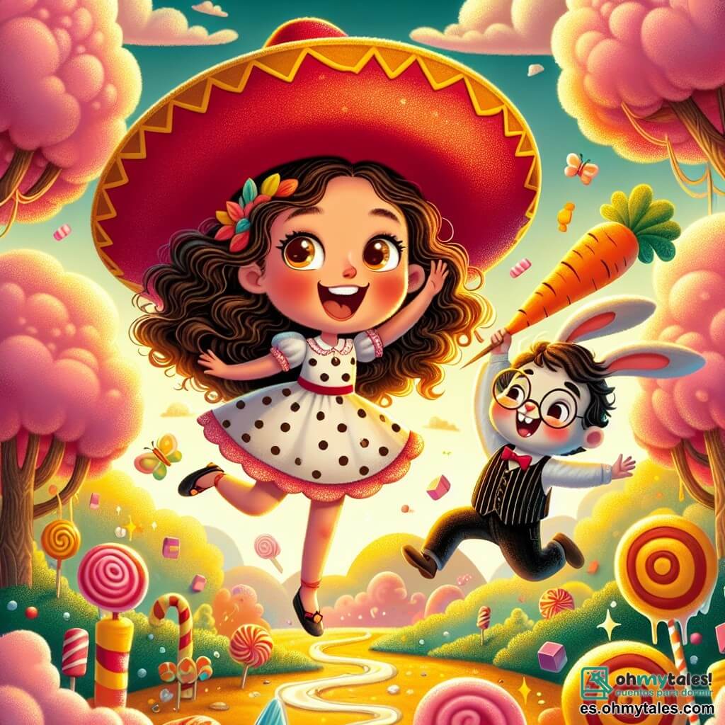 Una niña de 7 años, Clara, con largos cabellos rizados y ojos llenos de curiosidad, lleva un vestido colorido con lunares. Ríe a carcajadas, con los brazos en alto, mientras flota en el aire sobre un sombrero rojo brillante, rodeada de una suave luz dorada. A su lado, un pequeño conejo llamado Don Conejo, de 5 años, usa gafas redondas y un chaleco a rayas. Salta alegremente, con una gran sonrisa, sosteniendo una zanahoria en el aire. El escenario es un mundo fantástico donde los árboles son de algodón de azúcar rosa y las nubes parecen malvaviscos esponjosos. Dulces coloridos cuelgan de las ramas, y un camino de caramelo serpentea por el paisaje. La situación principal muestra a Clara y Don Conejo en pleno vuelo, Clara riendo de alegría mientras se elevan sobre un bosque de caramelos, listos para participar en la Gran Carrera de Caramelo.