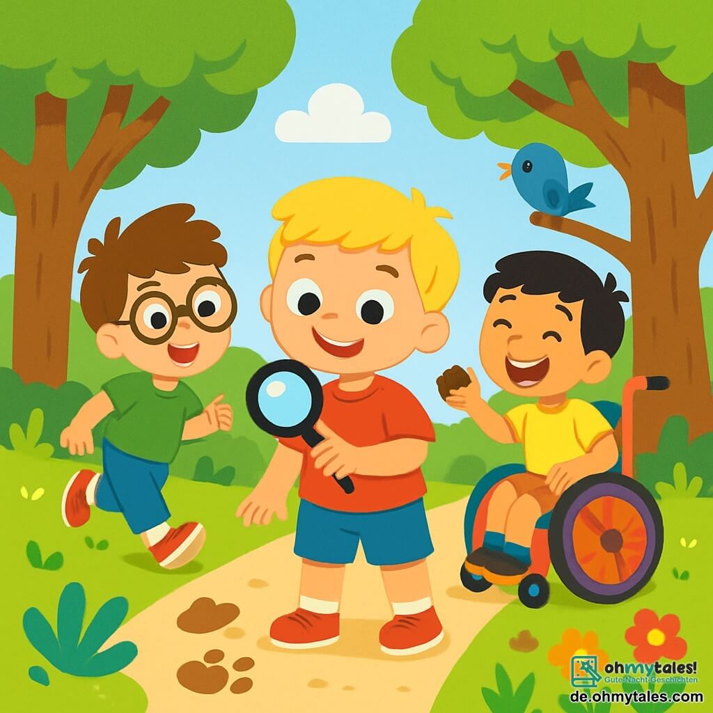 Es gibt vier Kinder: Max, ein 7-jähriger Junge mit blonden Haaren und funkelnden Augen, trägt ein rotes T-Shirt und eine blaue Shorts. Er steht in der Mitte, lächelt und hält eine Lupe in der Hand. Tim, ein 6-jähriger Junge mit zerzausten braunen Haaren und Brille, trägt ein grünes T-Shirt und kurze Hosen. Er steht links von Max und läuft begeistert auf einen Fußabdruck zu. Ben, ein 7-jähriger Junge mit braunen Haaren und einem breiten Lächeln, trägt ein gelbes T-Shirt und eine orange Shorts. Er steht rechts von Max, lacht fröhlich und hält eine kleine Nuss. Leo, ein 8-jähriger Junge mit schwarzen Haaren und einem neugierigen Blick, sitzt in einem bunten Rollstuhl hinter Max und beobachtet aufmerksam einen kleinen Vogel auf einem Ast. Die Szene spielt in einem grünen Park mit majestätischen Bäumen und bunten Blumen. Ein Weg schlängelt sich durch den Park, und der Himmel ist klar und blau, mit ein paar fluffigen weißen Wolken. Die vier Freunde untersuchen aufmerksam geheimnisvolle Spuren auf dem Boden. Max hält seine Lupe, Tim macht einen schnellen Schritt, Ben lacht und zeigt auf eine Nuss, und Leo schaut zum Himmel auf der Suche nach Hinweisen. Die Stimmung ist fröhlich und abenteuerlich, mit Lachen und neugierigen Ausdrücken auf ihren Gesichtern.