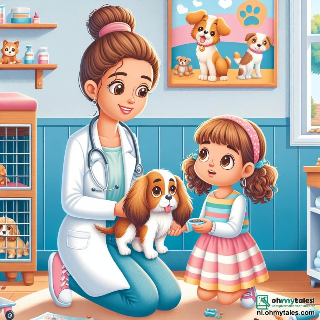 In een lichte en uitnodigende dierenkliniek is dierenarts dokter Lisa, een vrouw van een dertig jaar met kastanjebruin haar in een knot, gekleed in een witte jas en met een warme glimlach. Ze verzorgt een kleine hond met grote oren, die ze voorzichtig in haar armen houdt terwijl ze hem geruststelt met een zachte stem. Naast haar kijkt Emma, een 8-jarig meisje met krullend blond haar en een kleurrijke jurk, vol verwondering toe. Ze knielt op de grond, met glinsterende ogen van nieuwsgierigheid, klaar om te helpen met een traktatie voor de hond. De kliniek is versierd in pastelkleuren, met dierenposters aan de muren, verspreide speeltjes en comfortabele kooien voor de dieren. Een groot raam laat zonlicht binnen, dat de kamer verlicht. De belangrijkste situatie toont dokter Lisa die de kleine hond kalmeert, terwijl Emma, vol enthousiasme, zich voorbereidt om hem een traktatie te geven, wat een sfeer van tederheid en zorg tussen de personages creëert.
