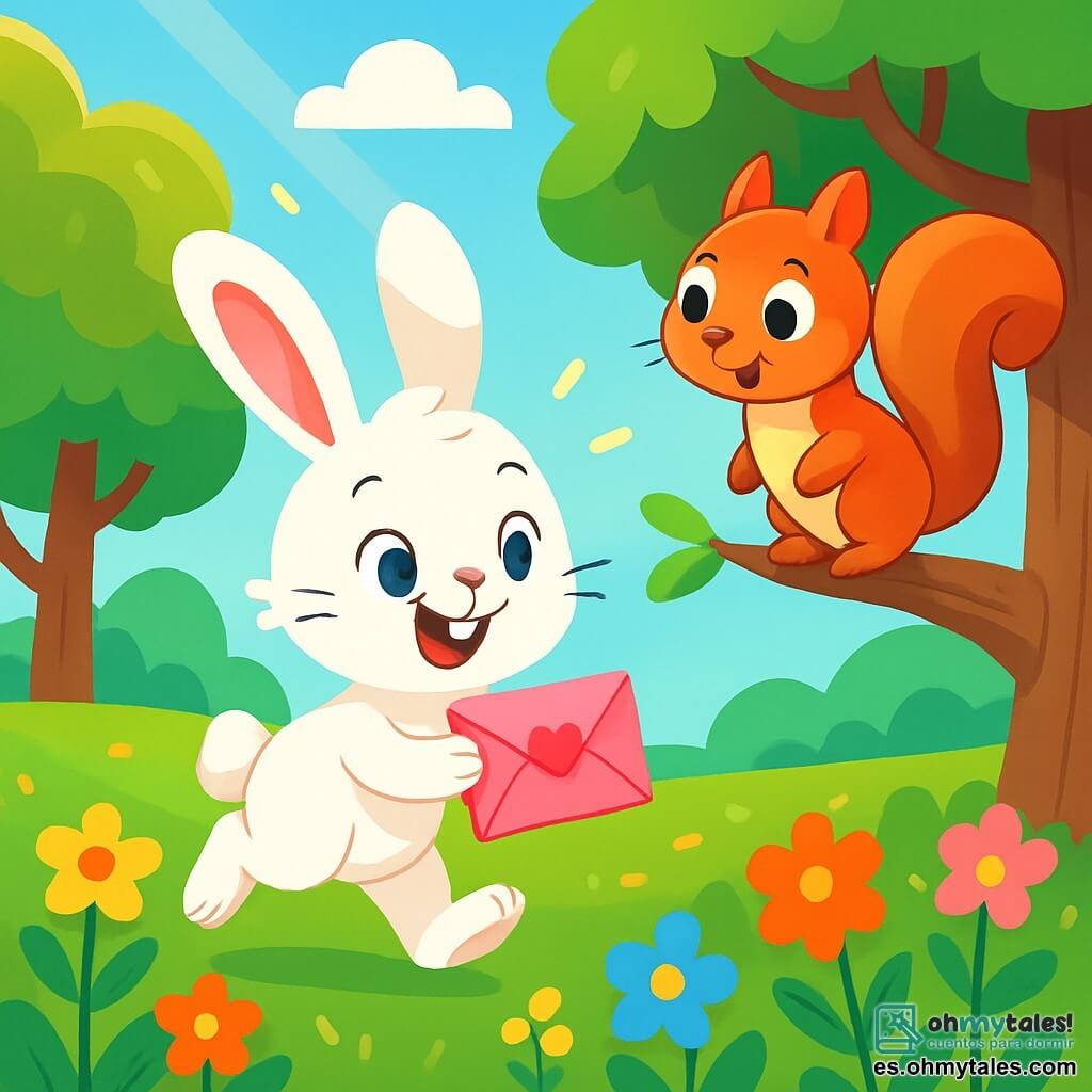 Un pequeño conejo blanco llamado Coco, con grandes orejas y ojos chispeantes de curiosidad, salta alegremente en un parque soleado, sosteniendo una carta rosa brillante en sus pequeñas patas. Tiene una sonrisa radiante y parece emocionado, rodeado de flores coloridas que bailan al viento. Cerca, Lila, una adorable ardilla de pelaje rojizo y cola esponjosa, observa a Coco con asombro, sus ojos brillantes de sorpresa. Está posada en una rama, lista para ayudarlo en su búsqueda. El parque está lleno de vegetación exuberante, con árboles majestuosos, un cielo azul brillante y un tapiz de flores multicolores que se extiende hasta donde alcanza la vista. Rayos de sol filtran a través de las hojas, creando un ambiente cálido y alegre. Coco, el conejo, está descubriendo una carta misteriosa, listo para organizar una búsqueda del tesoro para encontrar al destinatario de esta carta de amor, rodeado de sus amigos animales que se acercan con curiosidad y entusiasmo.