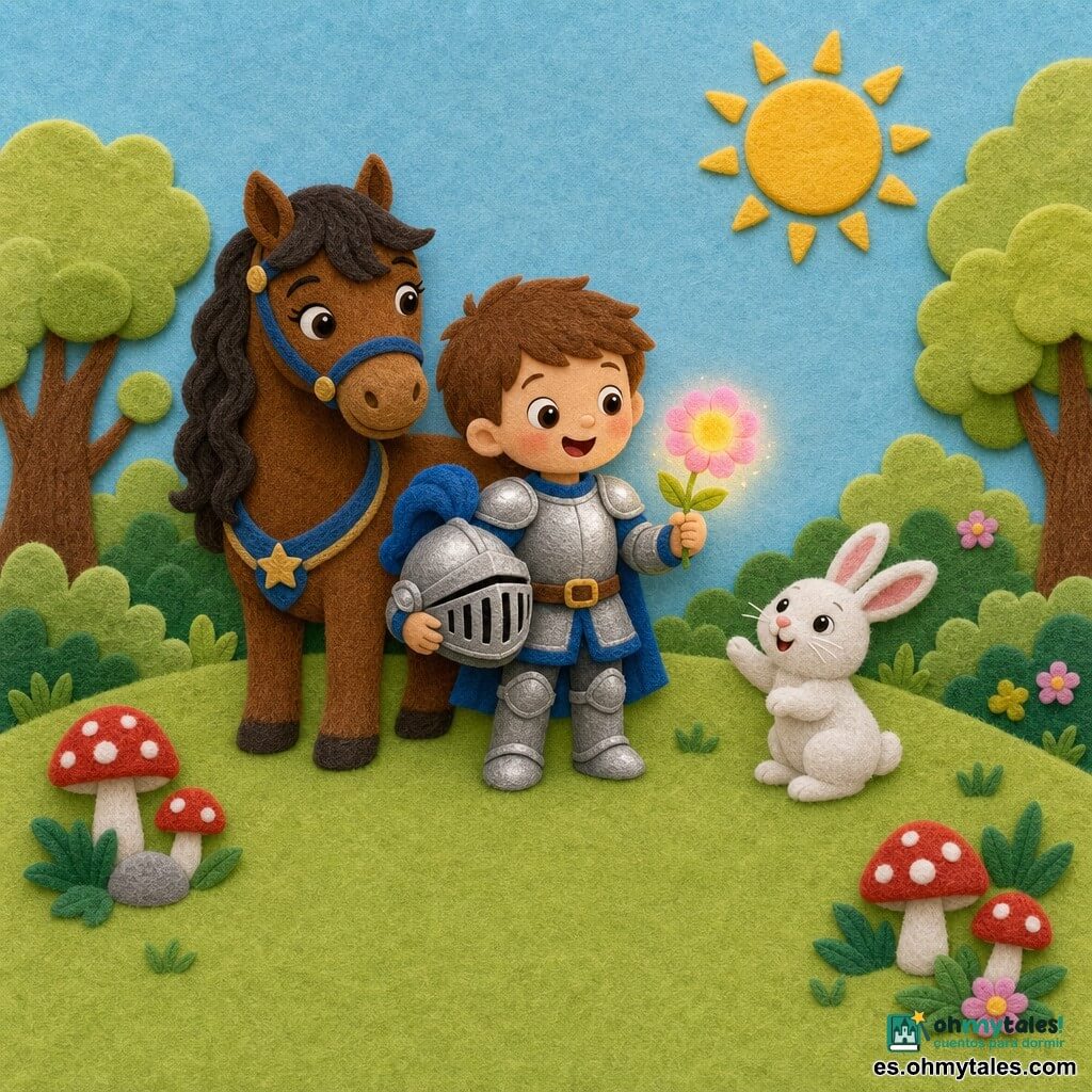 Un pequeño caballero llamado Leo, de unos 6 años, con armadura plateada de bordes azules y casco bajo el brazo, sonriente y maravillado, sostiene delicadamente una flor mágica luminosa de pétalos rosados y amarillos; detrás, una yegua llamada Estrella, de pelaje alazán brillante y crin ondulada, está tranquila y protectora; a la derecha, un conejito blanco de nariz rosa muestra la flor mientras salta ligeramente; escena en un claro de un bosquecillo con hierba tupida, algunos hongos rojos, árboles de troncos marrones y hojas verdes claras, cielo pastel y gran sol amarillo; estilo visual de fieltro recortado, colores planos y textura de tejido, contornos simples y redondeados, siluetas legibles para niños pequeños, luz cálida, ambiente alegre y seguro, composición centrada con espacio vacío alrededor para stickers y texto.