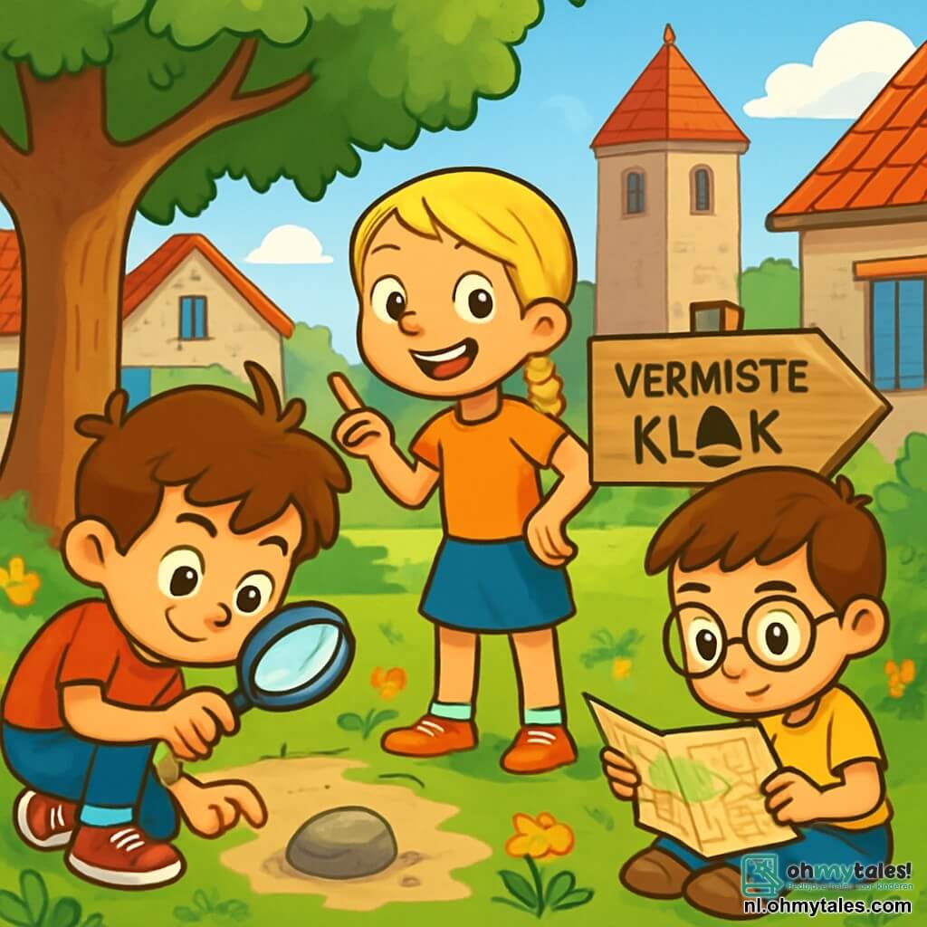 Een 6-jarig jongetje, Sam, met rommelig bruin haar en nieuwsgierige ogen, houdt een klein vergrootglas vast en kijkt aandachtig naar een steen op de grond, met een geconcentreerde en enthousiaste uitdrukking. Naast hem wijst zijn beste vriendin Noor, een 6-jarig meisje met gevlochten blond haar en een grote glimlach, naar een houten bord dat de locatie van de verdwenen klok aangeeft. Daan, een 6-jarig jongetje met kastanjebruin haar en ronde bril, bestudeert een kaart van het dorp, zittend op het groene gras, met een vastberaden blik op zijn gezicht. De plek is een pittoresk oud dorp met stenen huizen met kleurrijke luiken, een grote majestueuze boom met een uitnodigende schaduw, en een oude bakstenen toren in het midden, omringd door schitterende wilde bloemen. De hoofdscene toont Sam en zijn vrienden die op onderzoek zijn, op zoek naar aanwijzingen om de verdwenen klok te vinden, omgeven door een sfeer van avontuur en mysterie, met zonnestralen die door de bladeren van de bomen filteren.