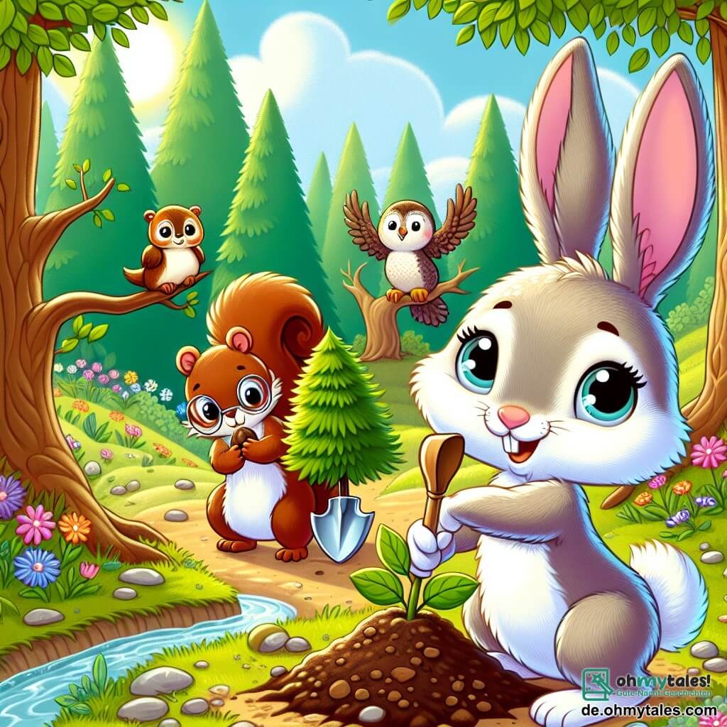 Ein kleiner Hase mit großen Ohren und weichem Fell, dessen Augen vor Entschlossenheit funkeln, steht auf seinen Hinterbeinen und hält eine kleine Holzschaufel. Er hat ein begeistertes Lächeln im Gesicht, bereit, einen jungen Baum in die fruchtbare Erde zu pflanzen. Neben ihm hält ein fröhliches Eichhörnchen mit braunem Fell und buschigem Schwanz eine kleine Nuss, die es begraben möchte, um einen neuen Baum wachsen zu lassen. Etwas weiter entfernt beobachtet eine weise Eule mit grauen Federn und großen runden Augen stolz die Szene, auf einem Ast sitzend und bereit, Ratschläge zu geben. Die Szene spielt sich auf einer sonnigen Lichtung ab, umgeben von großen, grünen Bäumen und bunten Blumen, die im Wind tanzen. Der Boden ist mit Blättern und kleinen Steinen bedeckt, und ein glitzernder Bach in der Nähe bringt Frische in die Umgebung. In dieser Hauptsituation arbeiten der Hase und seine Freunde begeistert zusammen, um Bäume zu pflanzen, was ihr Engagement symbolisiert, ihren Wald zu schützen und gegen den Klimawandel zu kämpfen.