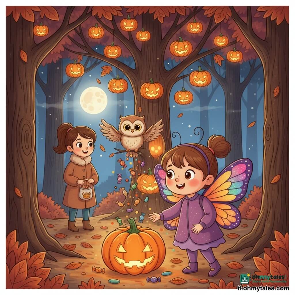 Bambina di 4 anni dal viso rotondo e guance rosate, occhi grandi e brillanti e sorriso meravigliato, vestita con un costume da farfalla con ali multicolori scintillanti, sfiora una grande zucca arancione illuminata; la madre adulta, capelli castani raccolti, cappotto caldo e sguardo tenero, è a pochi passi dietro con un piccolo sacchetto di dolci, illuminata dalla luna; un piccolo gufo dagli occhi dorati e piumaggio beige e marrone è appollaiato su un ramo sopra la zucca con le ali socchiuse a proteggere la bambina; sentiero forestale notturno con foglie rugginose, alberi alti, leggera foschia e luna piena, molte zucche luminose appese e incastonate in un grande albero con luci calde gialle; la bambina scopre un albero magico pieno di zucche luminose e, toccandone una, inizia a piovere caramelle colorate, il gufo veglia e la madre sorride in un'atmosfera dolce, fiabesca e rassicurante.