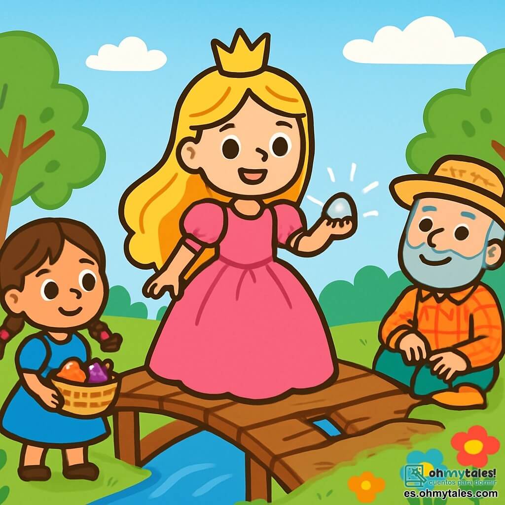Una princesa llamada Estela, con largos cabellos dorados y un vestido rosa brillante, se encuentra en el centro de un viejo puente de madera. Su rostro irradia determinación y dulzura, y sus ojos brillan de emoción. Sostiene una pequeña piedra brillante en su mano, lista para ayudar a reparar el puente. A su derecha, un abuelo con sombrero de paja, cabello gris y barba bien cuidada, observa con una sonrisa amable. Lleva una camisa de cuadros y pantalones de tela, y está sentado en la hierba, rodeado de frutas coloridas. A su izquierda, una niña con trenzas, vestido azul y ojos chispeantes, sostiene una canasta de frutas. Mira a Estela con admiración, lista para compartir su cosecha. El escenario es un paisaje encantador, con un cielo azul claro salpicado de nubes blancas esponjosas. El puente, antiguo y desgastado, está rodeado de árboles de hojas verdes vibrantes y flores multicolores que bailan con el viento. La escena principal muestra a Estela, la princesa, reparando el puente con palabras suaves, mientras el abuelo y la niña la animan, creando una atmósfera de cooperación y respeto.