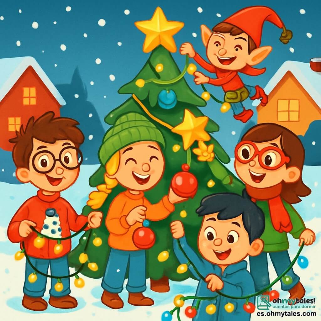 Hay 5 personajes: Lucas, un niño de 10 años con cabello castaño desordenado y gafas redondas, lleva un suéter rojo con un muñeco de nieve y sostiene una guirnalda luminosa; Carla, una niña de 9 años con largas trenzas rubias y un gorro de lana verde, sonríe sosteniendo una bola de Navidad brillante; Diego, un niño de 10 años con cabello negro y pecas, viste un abrigo azul y está desenredando luces de colores; Sofía, una niña de 8 años con cabello castaño y gafas en forma de corazón, lleva una bufanda roja y coloca una estrella dorada en la cima del árbol; Pepín, un duende travieso, pequeño y pícaro, con un gorro rojo puntiagudo y orejas puntiagudas, está en una rama del árbol riendo mientras sostiene una guirnalda. La escena transcurre en un jardín nevado con un gran árbol de Navidad decorado con luces brillantes y bolas de colores. La nieve cubre el suelo como una suave alfombra y los copos caen suavemente del cielo. Las casas cercanas están iluminadas, creando un ambiente cálido y festivo. Los niños decoran el árbol de Navidad, rodeados de risas y alegría, mientras Pepín hace muecas desde el árbol, creando una escena llena de magia y camaradería.