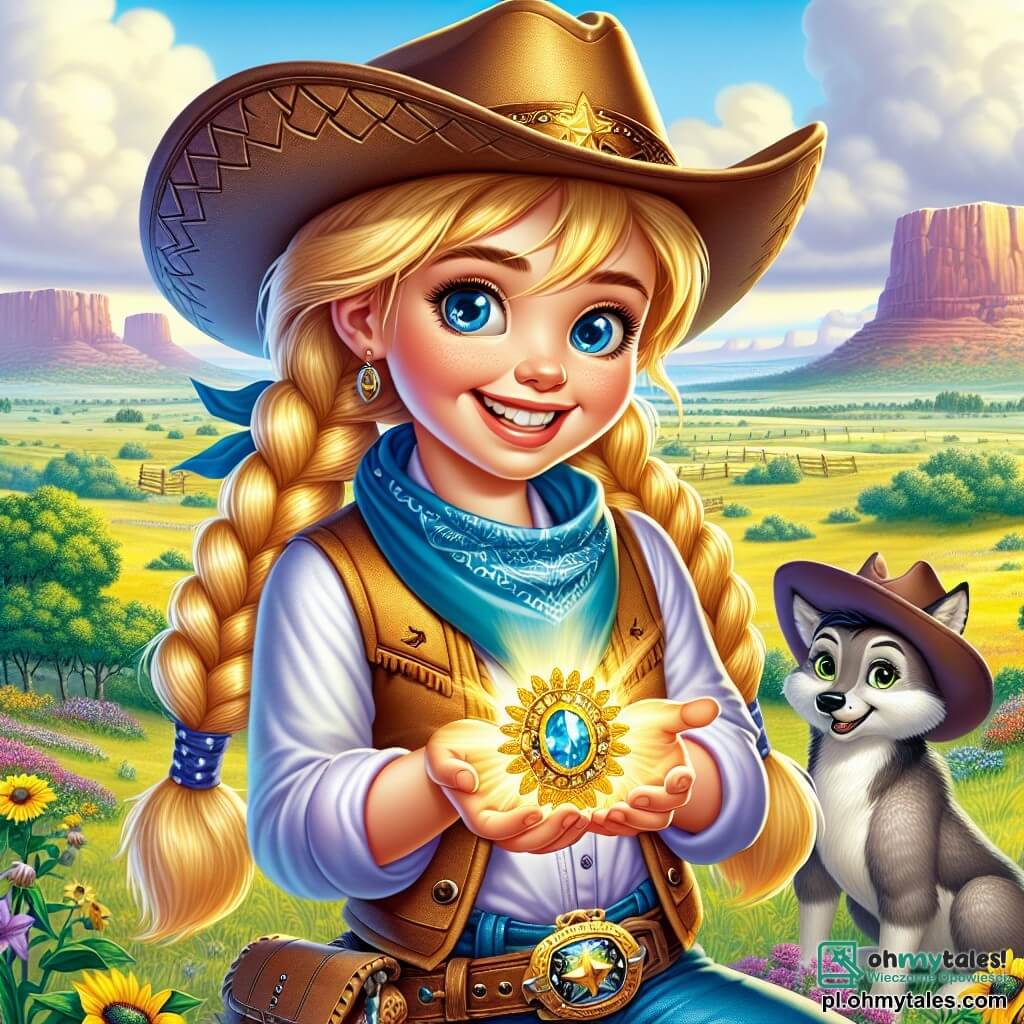 Młoda cow-girl o imieniu Maja, z długimi zaplecionymi blond włosami, nosi kapelusz kowbojski i niebieską chustę na szyi. Ma zdecydowany uśmiech i błyszczące z ekscytacji oczy, trzymając w dłoniach błyszczący amulet. Obok niej mały coyote z ciekawymi oczami obserwuje scenę, lekko w tyle, jakby był trochę nieśmiały. W tle rozciąga się rozległy krajobraz preriowy, z zielonymi wzgórzami, kolorowymi kwiatami i niebieskim niebem usianym puszystymi białymi chmurami. Główna sytuacja pokazuje Maja triumfującą, która odnalazła zgubiony amulet, gotową wrócić do wioski, aby podzielić się swoją wygraną z przyjaciółmi i rodziną.