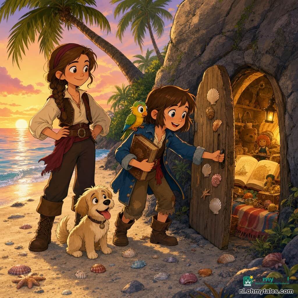 Mara, een ongeveer 10‑jarig piratenmeisje met kort bruin haar, blauwe opgerolde jas, versleten laarzen en een oud boek tegen haar borst, glimlacht verwonderd terwijl ze een kleine houten deur in een grote rotspartij duwt; Tom, een pratende vogel met geel‑groene veren, zit op haar rechterschouder en kijkt nieuwsgierig naar binnen; Noor, een sterke en zachte twaalfjarige met ingevlochten haar en handen in de zij, staat links beschermend; Pip, een beige hondje, zit met tong uit en kwispelend aan Mara’s voeten op het zand. Locatie: een klein tropisch strand bij zonsondergang met hellende palmbomen, glinsterende schelpen en zachte golven; de barstende houten deur versierd met schelpen opent op oude speelgoedjes, een zachte deken en een groot liederenboek verlicht door warme gloed, de groep straalt van vreugde en komt dichterbij om de vondst te delen.