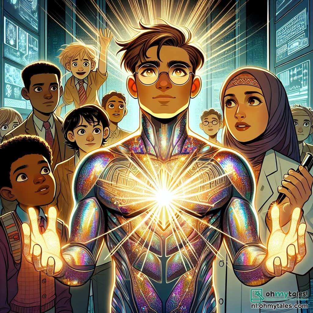 Maximus Glans, een jonge man in een glinsterend iriserend kostuum dat onder de zonlicht schittert, staat in het midden van de afbeelding met zijn armen omhoog, terwijl hij gouden lichtstralen uitstraalt. Zijn gezicht is vastberaden, met sprankelende ogen vol energie en een zelfverzekerde glimlach, terwijl hij zich voorbereidt om een bedreigende robot te confronteren. Rechts van hem staat Dr. Elara, een vrouw van ongeveer 30 jaar met een bruine knot en ronde bril, die bezorgd toekijkt met een technologisch apparaat in haar handen, klaar om Maximus te helpen. Links van hem kijkt een groep kinderen, tussen de 8 en 12 jaar oud, met bewondering, hun gezichten verlicht door het licht van Maximus, sommigen steken hun armen op als teken van steun. De scène speelt zich af in een futuristisch laboratorium, vol glinsterende machines en controlepanelen, met glazen muren die uitzicht bieden op de stad Verlichtia, badend in gouden licht tijdens de schemering. De belangrijkste situatie toont Maximus Glans tegenover een reusachtige robot met glanzende rode ogen, klaar om een krachtige lichtaanval te ontketenen om zijn vrienden en de stad te beschermen, terwijl de kinderen en Dr. Elara hem enthousiast aanmoedigen.