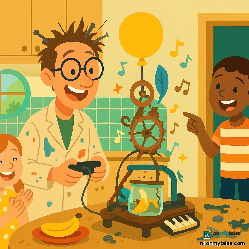 Een middelbare uitvinder met te grote ronde bril, warrig haar met spijkers en touw, verfvlekken op zijn jas en een blije, verwonderde blik houdt een bediening vast terwijl hij naar een draaiende machine in het midden van een kleine, kleurrijke keuken kijkt; rechts bij de deur staat de ongeveer 8‑jarige Nico met kort bruin haar en gestreept T‑shirt die lacht en wijst, links bij de tafel de ongeveer 7‑jarige Lotte met vlechtjes en een gele jurk met witte stippen die applaudisseert terwijl ze een klein lepeltje vasthoudt; de wit‑grijze kat Pompom zit op het aanrecht met een poot op een banaan, nieuwsgierig spelend; de machine bestaat uit een roestige fietsketting, een blauwe veer, een fluit en een speelgoedpiano, een glazen pot en een geel ballonnetje, draait en speelt muziek en toont sterretjes terwijl ze automatisch een banaan voorzichtig schilt en een stuk banaan in de pot legt, iedereen lacht in een warme, speelse sfeer.