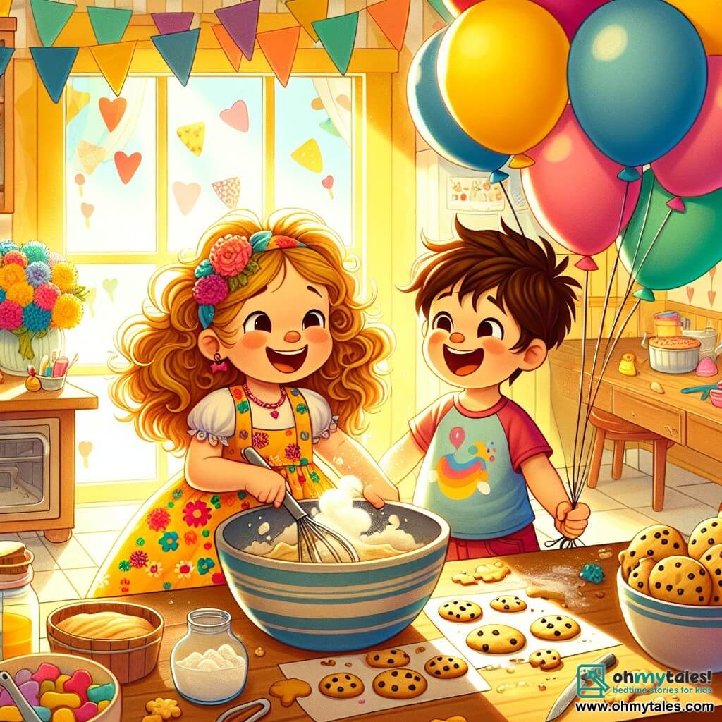A 4-year-old girl with curly hair and a big smile stands in the center of the kitchen. She wears a colorful dress with floral patterns. Her eyes shine with excitement as she mixes cookie dough in a large bowl, a cloud of flour floating around her. Next to her, her 6-year-old brother Max, with brown hair and sparkling eyes, blows into a colorful balloon, trying to inflate it. He is dressed in a blue t-shirt and red shorts, laughing as he looks at his sister. The kitchen is warm and inviting, with yellow walls, a wooden table decorated for Mother's Day, and sunlight streaming through the windows. Colorful balloons float from the ceiling, and the scent of freshly baked cookies fills the air. The main scene shows the two children preparing a joyful surprise for their mom, filled with enthusiasm and teamwork, ready to celebrate Mother's Day with love and creativity.