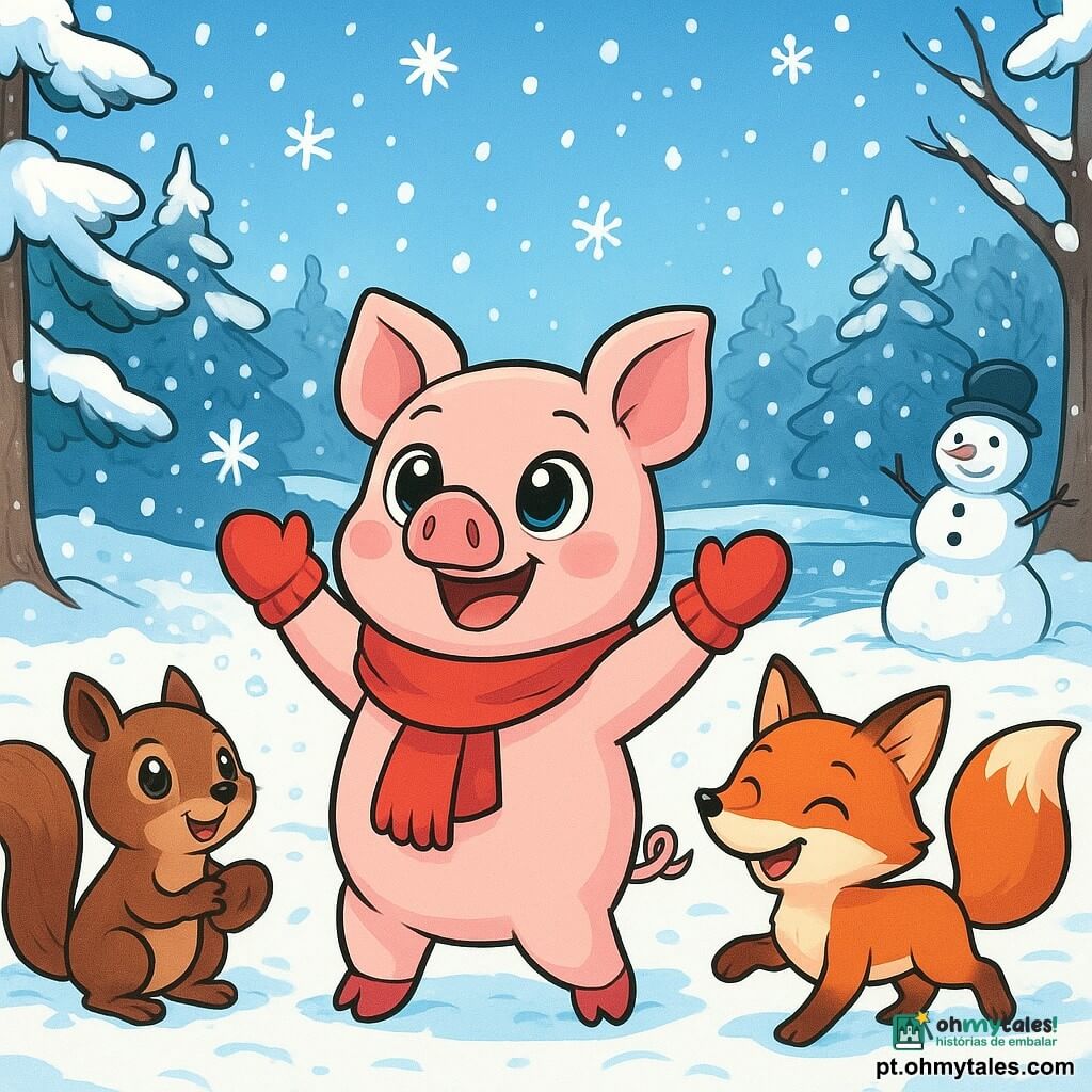 Um pequeno porquinho rosa, chamado Tobias, com grandes olhos brilhantes e bochechas rosadas, está no centro da cena, sorrindo com maravilha. Ele usa um cachecol vermelho e luvas de lã, com as patas levantadas no ar, pronto para pegar flocos de neve que caem suavemente ao seu redor. À sua direita, uma raposa ruiva chamada Lila, com pelagem vibrante e olhos brilhantes de travessura, desliza alegremente na neve, rindo de coração. À sua esquerda, um pequeno esquilo marrom chamado Gregorio, com uma cauda fofa e olhos curiosos, observa Tobias com um sorriso caloroso, segurando uma luva em suas pequenas patas. O cenário é uma floresta de inverno encantada, com árvores majestosas cobertas de neve cintilante, flocos dançando no ar e um solo branco imaculado. Ao longe, um lago congelado brilha sob o sol de inverno, enquanto pegadas levam a um boneco de neve sorridente. A cena captura o momento alegre em que Tobias, Lila e Gregorio se divertem juntos, celebrando a magia do inverno e a amizade, cercados pela beleza pacífica de uma paisagem nevada.