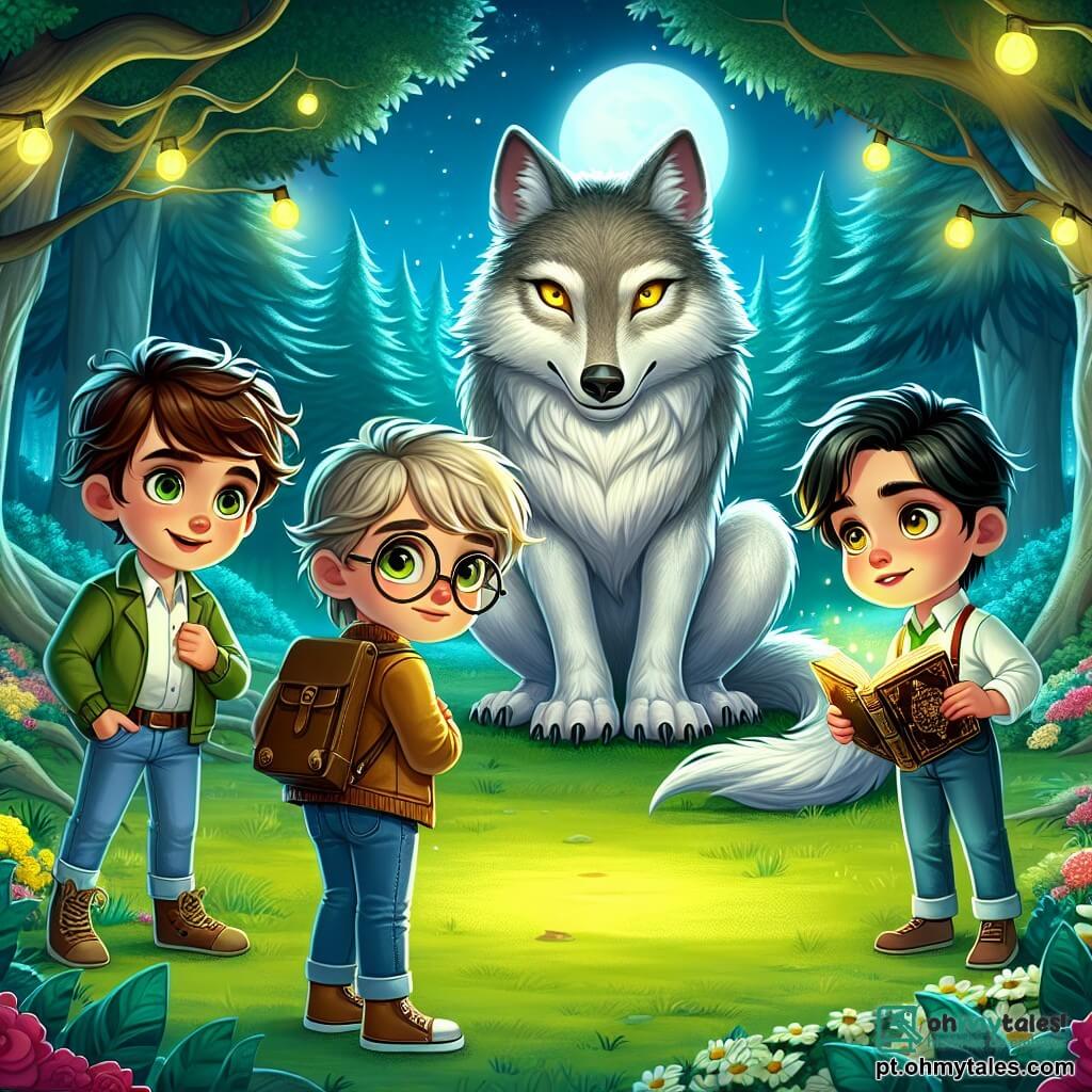 Em uma clareira encantada, três jovens amigos enfrentam corajosamente um majestoso lobo. Tomás, um garoto de 10 anos com cabelos castanhos bagunçados e olhos curiosos, está à esquerda, com as mãos nos quadris, mostrando um ar determinado. À sua direita, Miguel, um menino de 9 anos com cabelos loiros e óculos redondos, observa o lobo com uma mistura de admiração e medo, segurando um velho livro empoeirado. Por fim, Rafa, uma menina de 10 anos com cabelos longos e negros, está um pouco atrás, com os braços cruzados e uma expressão pensativa, pronta para intervir. O lobo, no centro da cena, é uma criatura imponente com pelagem prateada brilhando sob a luz da lua, seus olhos amarelos penetrantes observando as crianças com intensidade misteriosa. A clareira é cercada por árvores majestosas com folhas verdes vibrantes, e a luz da lua ilumina o chão coberto de flores coloridas, criando uma atmosfera mágica e levemente inquietante. Os crianças estão diante do lobo, prontas para descobrir a verdade por trás das lendas que o cercam, enquanto uma brisa suave faz as folhas dançarem ao seu redor, acrescentando um toque de mistério à cena.