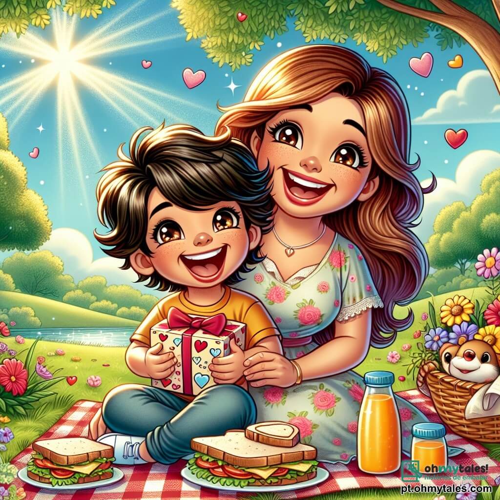 Um menino de 8 anos, Miguel, com cabelos castanhos bagunçados e um grande sorriso no rosto, está sentado em um bonito cobertor xadrez vermelho e branco, cercado por deliciosos sanduíches e uma garrafa de suco de laranja. Ele está cheio de excitação e orgulho, segurando um bonito cartão decorado com corações e flores. Ao lado dele, sua mãe, uma mulher de cerca de 35 anos, com longos cabelos castanhos e olhos brilhantes, está sentada de pernas cruzadas, rindo alegremente ao olhar para seu filho. Ela veste um vestido leve e colorido, e seu rosto expressa imensa ternura e felicidade. O local é um parque verdejante, com árvores majestosas, flores coloridas dançando ao vento e um lago cintilante onde nadam patos. O sol brilha alto no céu, projetando sombras suaves no chão. A cena principal mostra Miguel surpreendendo sua mãe com um piquenique especial para o Dia das Mães, cercado de risos e alegria, criando um momento mágico e inesquecível entre mãe e filho.