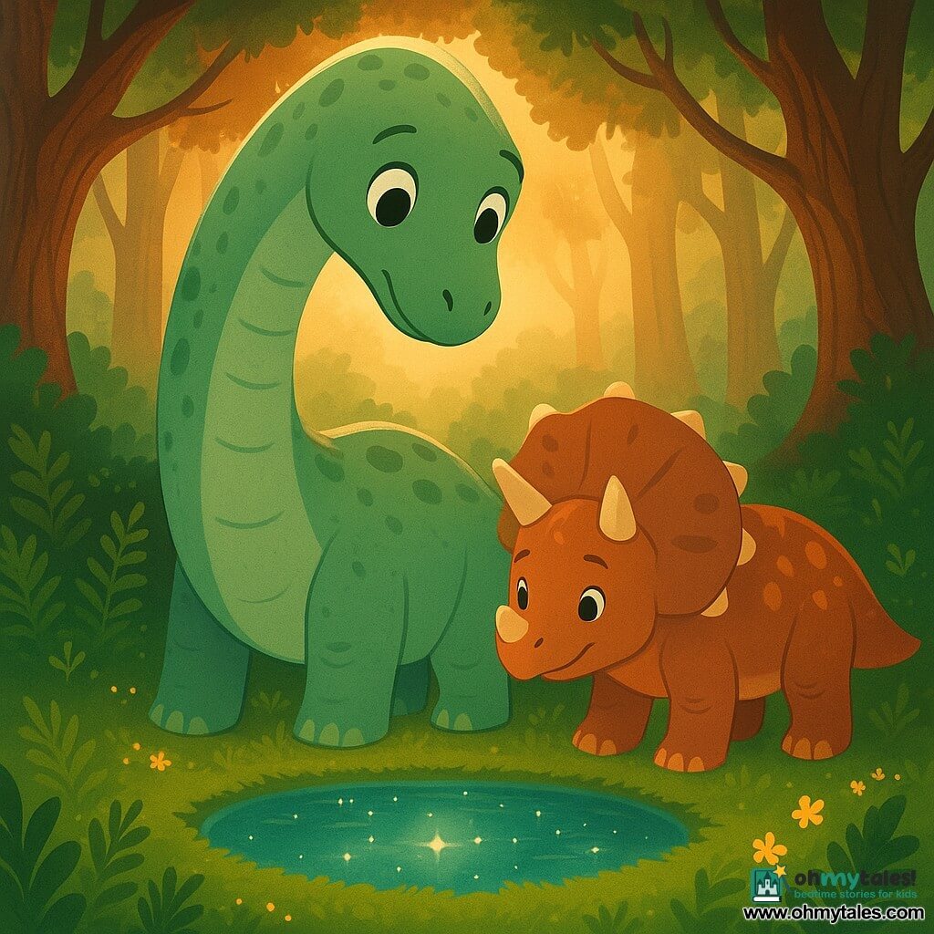 A large female diplodocus named Dara with a gentle face, round bright eyes and an awed calm expression, long neck and pale green spots, subtly textured skin, leaning into a small clearing to drink from a shimmering pool; a young triceratops called Tiko with short horns, a shy smile and a reddish-brown frill with lighter patterns stands beside her, front leg raised as if keeping watch, protective gaze toward the pool; the clearing is a circle of emerald moss with ferns and small glowing flowers around a glass-clear central pool reflecting tiny stars, sunbeams filtering between tall gnarled trunks; the two guard the sacred pool at dusk in a peaceful scene of warm saturated colors, soft contrasts, centered composition, simple readable vector style for a children's book.