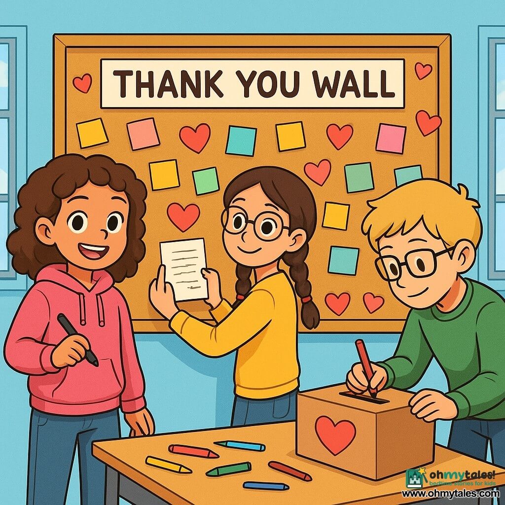 A 12-year-old girl, Maya, with curly brown hair, smiling and full of enthusiasm, stands in front of a large bulletin board decorated with colorful notes. She wears a pink hoodie and jeans, holding a pen in one hand, ready to write a new thank-you message. Next to her, Ana, another 12-year-old girl with glasses and braids, admires a poem she has hung up, a proud smile on her face. Jordan, a 12-year-old boy with blonde hair and glasses, is leaning over a box he made to collect anonymous notes, looking focused and determined. 

The setting is a bright classroom with light blue walls and windows letting in sunlight, illuminating the bulletin board filled with paper hearts and colorful messages. Crayons and markers are scattered on the tables, adding a touch of creativity to the environment.

The main scene shows Maya and her friends preparing the "Thank You Wall" for Valentine's Day, surrounded by notes of gratitude, smiles, and a joyful, collaborative atmosphere.