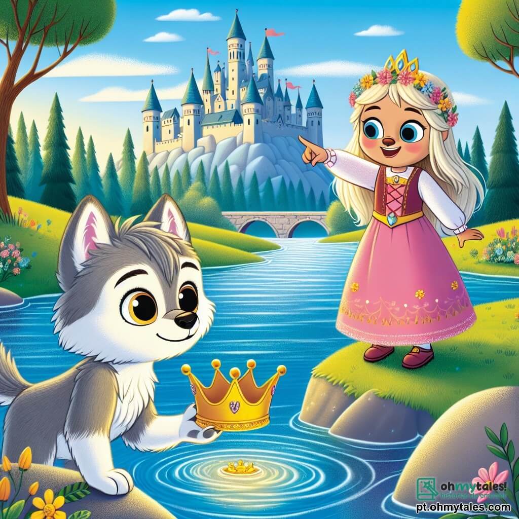 Um pequeno lobo chamado Léo, com pelagem cinza suave e olhos brilhantes de curiosidade, está à beira de um lindo rio cintilante, olhando maravilhado para uma coroa dourada que brilha sob a água. Ele exibe uma expressão de alegria e excitação, pronto para mergulhar e recuperá-la. Ao seu lado, a princesa Lila, vestida com um vestido rosa adornado com flores, com longos cabelos loiros e olhos radiantes de felicidade, sorri apontando para a coroa, cheia de esperança. Ela está em uma pedra, um pouco à frente de Léo, compartilhando esse momento de aventura. Ao fundo, um grande castelo medieval se ergue majestoso, com suas torres pontudas e bandeiras tremulando, cercado por uma floresta verdejante e um céu azul brilhante. A cena captura o momento em que Léo e Lila se preparam para mergulhar no rio em busca da coroa perdida, simbolizando sua amizade e espírito de aventura.