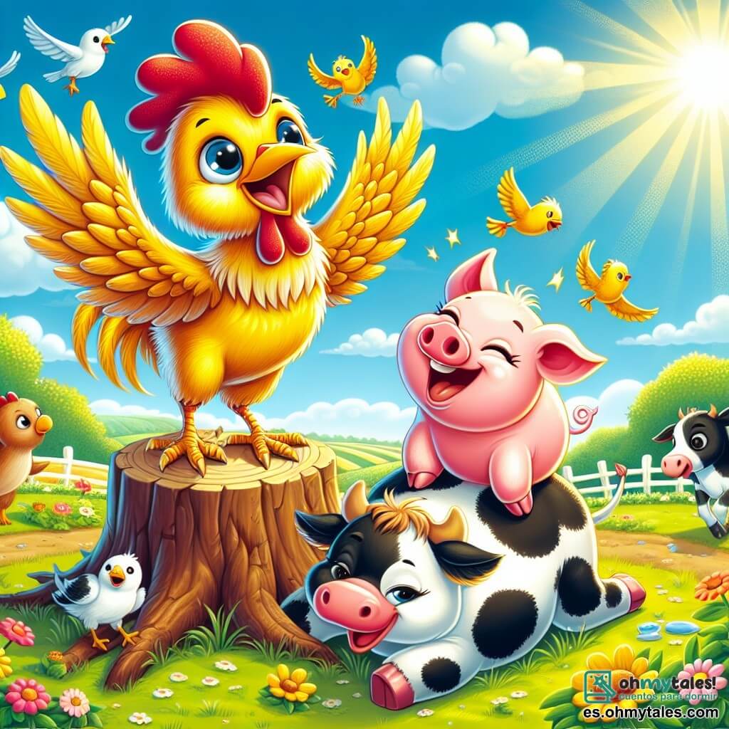 Un gallo de plumas amarillas brillantes, llamado Rufián, se encuentra sobre un pequeño tronco de madera, con las alas extendidas y una gran sonrisa en su rostro, desbordante de emoción y alegría. A su lado, una vaca dulce y redonda, Valentina, con manchas blancas y negras, levanta la cabeza riendo, mientras un pequeño cerdito rosa, Pipo, se desliza por el suelo, riendo a carcajadas, justo debajo de Rufián. Al fondo, se extiende un campo verde a perder de vista, salpicado de flores coloridas y un cielo azul brillante, donde los pájaros vuelan alegremente. La escena representa la gran fiesta de la granja, llena de música y risas, donde todos los animales bailan y se divierten juntos bajo el radiante sol.
