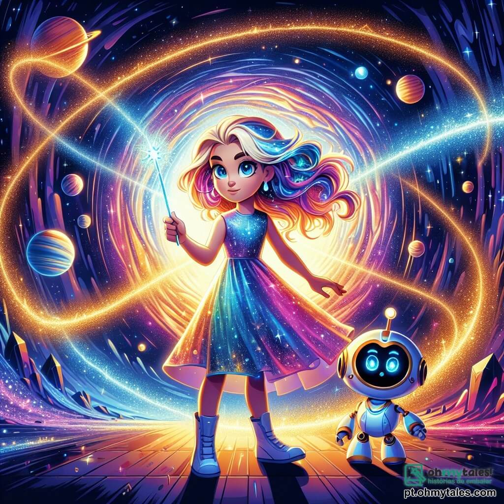 Lira, uma jovem com cabelos brilhantes como cometas, está no centro do palco, com o rosto determinado e os olhos brilhando de excitação. Ela veste um vestido cintilante nas cores das galáxias, segurando um bastão de luz em sua mão, pronta para agir. Ao seu lado, Drilo, um robô amigável com formas arredondadas e olhos luminosos, observa com curiosidade, com os braços articulados levantados como se estivesse pronto para ajudar. O cenário é uma paisagem cósmica deslumbrante, com estrelas cintilantes e planetas coloridos flutuando ao redor deles. Ao fundo, um imenso portal cósmico, rachado e brilhante, emite raios de luz dourada e azul, criando uma atmosfera mágica e inquietante. Lira e Drilo se preparam para avançar em direção ao portal, determinados a restaurar o equilíbrio da galáxia, enquanto faíscas de magia giram ao redor deles, ilustrando a urgência de sua missão.