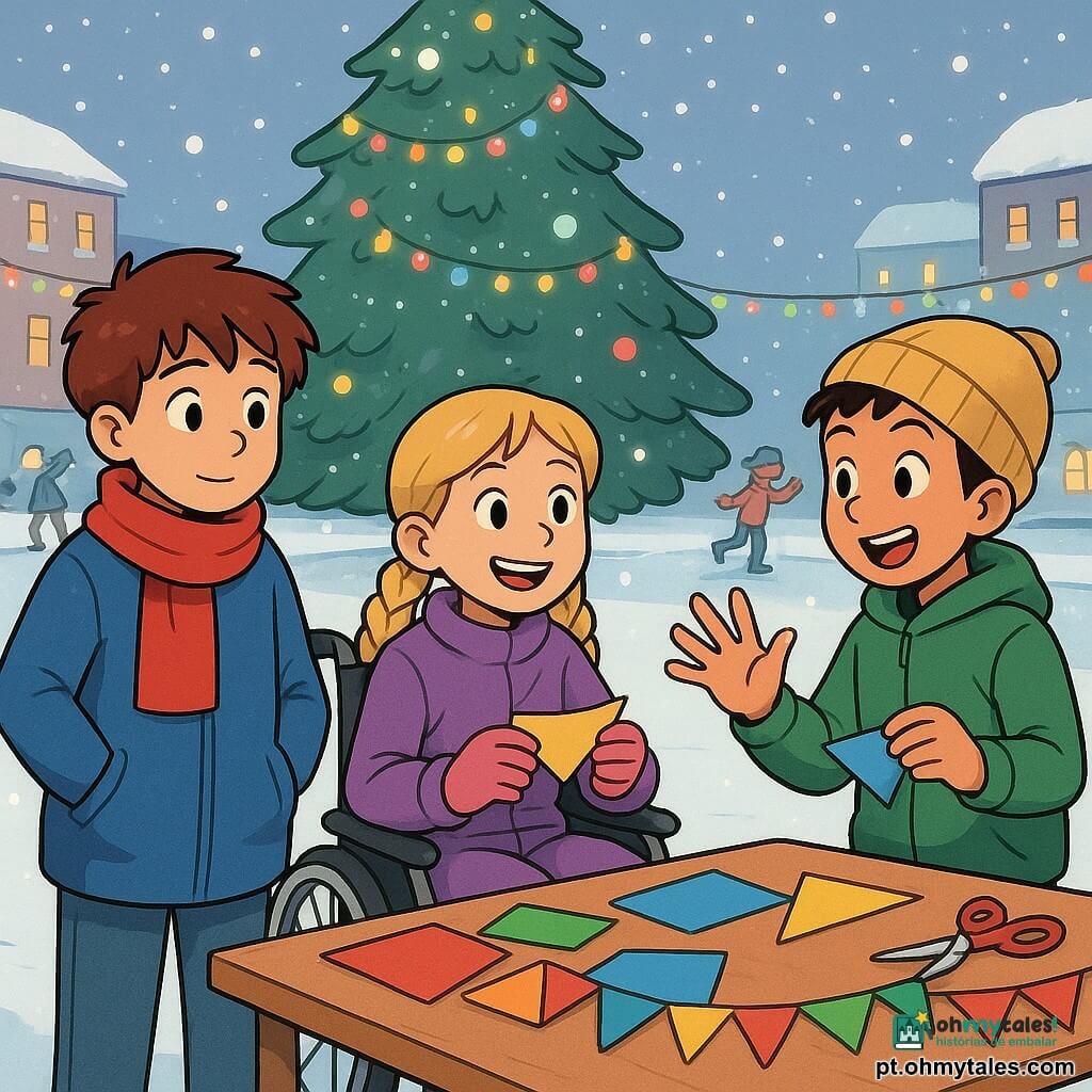Há 3 personagens: Lucas, um garoto de 10 anos com cabelos castanhos bagunçados, usando um grande casaco azul e um cachecol vermelho, está em pé, levemente à frente, com as mãos nos bolsos, olhando a cena com curiosidade; Ana, uma menina de 9 anos com cabelos loiros trançados, vestida com um macacão roxo e luvas rosas, está sentada em uma cadeira de rodas, sorrindo e segurando um pedaço de papel colorido; Pedro, um garoto de 10 anos com cabelos pretos curtos, vestido com uma jaqueta verde e um gorro amarelo, está ao lado de Lucas, gesticulando entusiasticamente enquanto conta uma história. O local é uma charmosa praça de inverno, com uma grande árvore decorada com luzes cintilantes no centro, o chão coberto por um suave manto branco de neve e flocos caindo do céu cinza claro. Crianças patinam alegremente em uma pista de patinação próxima, cercadas por luzes coloridas e risadas. A cena principal mostra os três amigos criando uma guirlanda de papel colorido para decorar a árvore, com Lucas e Pedro dobrando e cortando o papel, enquanto Ana os incentiva com um grande sorriso. As cores vivas dos papéis contrastam com o branco da neve, e a atmosfera é alegre e acolhedora.