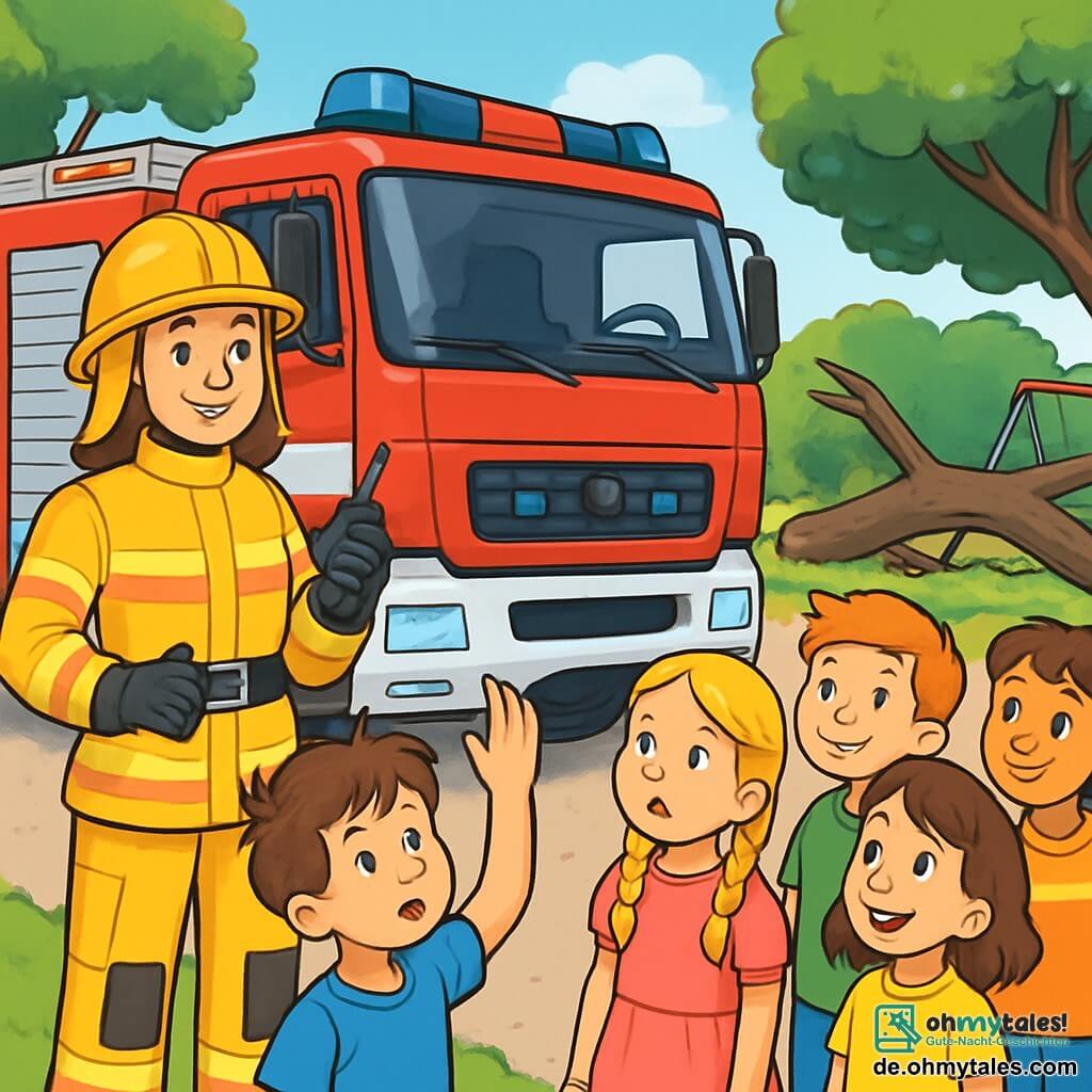 Eine Feuerwehrfrau, Lara, steht stolz neben ihrem großen roten Feuerwehrauto, mit einem warmen Lächeln und funkelnden Augen vor Aufregung. Sie trägt einen leuchtend gelben Schutzanzug, einen glänzenden Helm und schwarze Handschuhe, während sie ein Funkgerät in der Hand hält. In der Nähe beobachtet eine Gruppe von fünf Kindern im Alter von 7 bis 10 Jahren fasziniert. Ben, ein Junge mit zerzausten braunen Haaren, trägt ein blaues T-Shirt und hebt die Hand, um eine Frage zu stellen. Neben ihm schaut Clara, ein Mädchen mit geflochtenen blonden Haaren in einem rosa Kleid, mit großen Augen zu Lara. Die Szenerie ist ein sonniger Park mit üppigen grünen Bäumen, einem klaren blauen Himmel und einem kleinen Spielplatz im Hintergrund. Schaukeln und eine bunte Rutsche sind sichtbar, aber ein großer Baum ist auf einen Teil des Geländes gefallen und hat eine Notlage geschaffen. Lara erklärt den Kindern, wie sie helfen wird, den umgestürzten Baum zu beseitigen, damit die Kinder wieder sicher spielen können, und zeigt ihnen die Bedeutung von Solidarität und Teamarbeit.