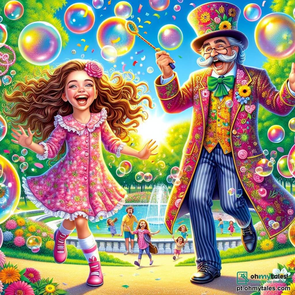 No centro da imagem, Lila, uma menina de 8 anos com longos cabelos cacheados e olhos brilhantes de travessura, está criando bolhas coloridas que flutuam ao seu redor. Ela usa um vestido rosa com estampas de flores e um sorriso radiante, mostrando sua alegria e entusiasmo. À sua direita, Don Bigodão, um homem de cerca de 40 anos com um grande chapéu excêntrico e um bigode extravagante, ri alto enquanto tenta malabarismos com bolhas que estouram ao seu redor. Ele veste um casaco colorido que contrasta com seu ar cômico. O cenário é um parque ensolarado, cheio de árvores verdes e flores vibrantes, com crianças brincando ao fundo, atraídas pelo espetáculo de Lila e Don Bigodão. A cena principal mostra Lila e Don Bigodão criando bolhas gigantes que estouram em risadas e confetes, transformando o parque em um lugar de alegria e magia, onde as risadas das crianças ecoam no ar.