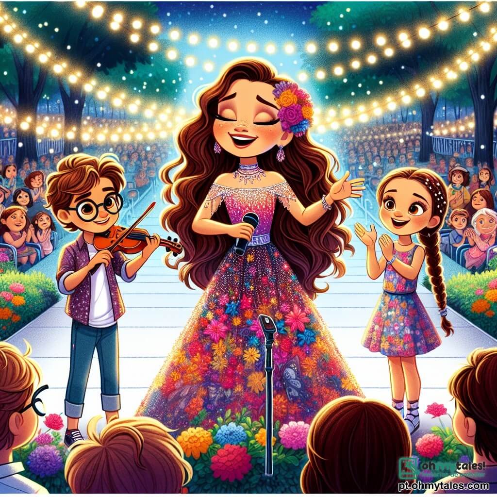 Clara, uma jovem com longos cabelos castanhos ondulados e um sorriso radiante, está no centro de um palco de concerto, vestida com um vestido colorido que brilha sob as luzes. Ela canta com paixão, de olhos fechados, sentindo a música ao seu redor. Ao seu lado, Miguel, um garoto de 10 anos com óculos e cabelos bagunçados, observa Clara com admiração, segurando um pequeno violino. Ana, uma menina de 9 anos com tranças e um vestido florido, está um pouco afastada, aplaudindo entusiasticamente com os olhos brilhando de alegria. O local é um parque verdejante, cheio de flores coloridas e árvores majestosas, onde uma multidão de famílias e crianças se reuniu para ouvir a música. Luzes penduradas acima do palco criam uma atmosfera festiva e mágica. A cena principal mostra Clara cantando no palco, cercada por seus jovens admiradores, enquanto juntos criam uma melodia alegre, cheia de energia e felicidade, cativando o público com sua paixão pela música.
