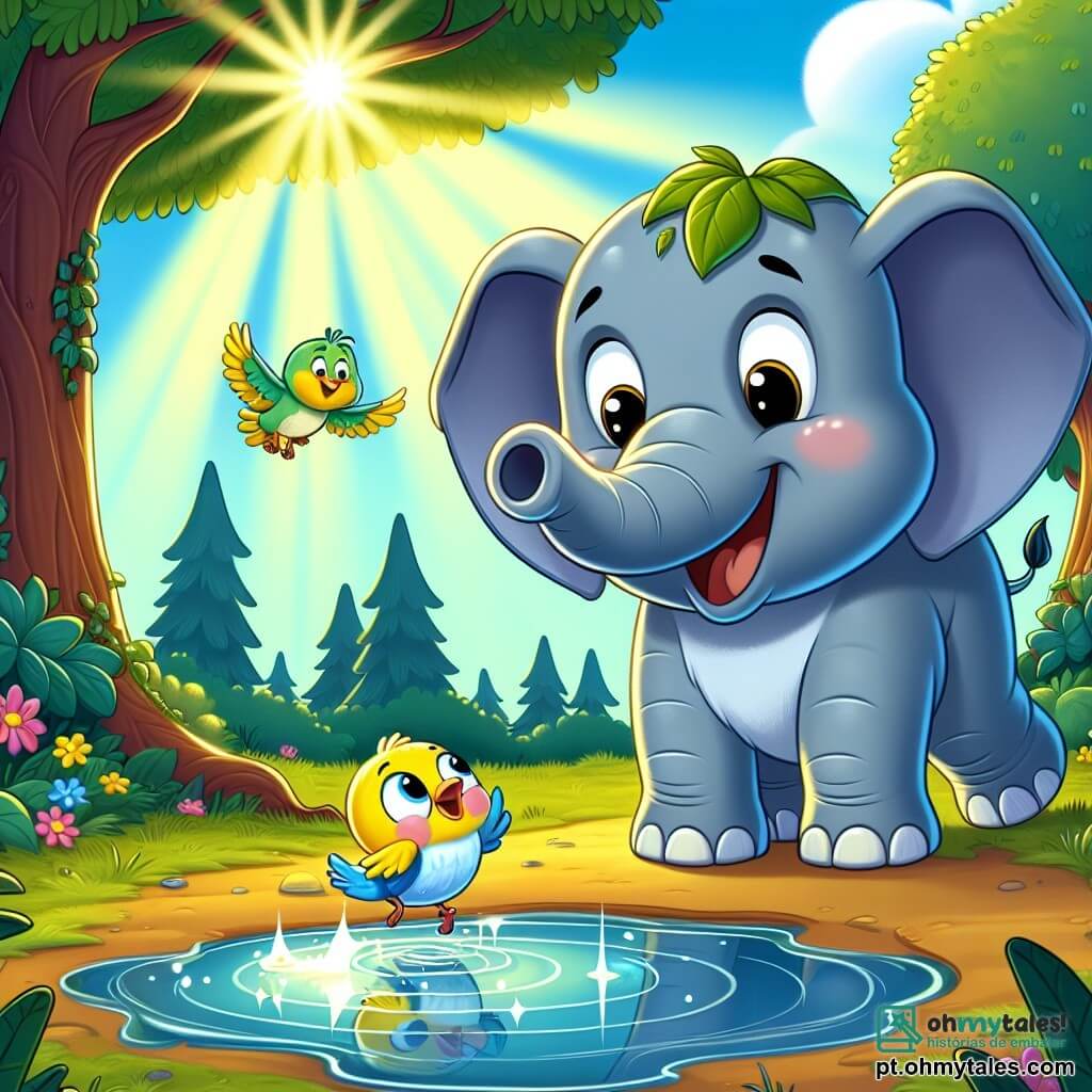 Um elefante alegre chamado Lelo, com grandes orelhas que flutuam como folhas verdes, está à beira de uma poça brilhante, seus olhos brilhando de curiosidade. Ele tem uma pele cinza e suave, e um sorriso largo que demonstra seu entusiasmo. Ao lado dele, um pequeno pássaro colorido chamado Pip, com penas amarelas e azuis, voa ao redor de Lelo, cantando alegremente e mostrando sua amizade. A cena se passa em uma floresta mágica, onde as árvores são altas e majestosas, seus troncos adornados com flores vibrantes e cipós cintilantes. Raios de sol penetram através da folhagem, iluminando a poça que brilha como um espelho sob o céu azul. Nesse momento, Lelo descobre a poça mágica que lhe permite falar com as estrelas, enquanto Pip o incentiva animadamente, pronto para acompanhá-lo nessa aventura fascinante.