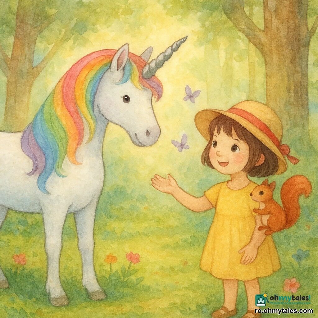 O unicornă strălucitoare, binevoitoare, cu blană albă perlă, coarnă argintie răsucită şi coamă curcubeu plutitoare se înclină prieteneşte; în faţă, spre stânga, stă Ana, fetiță de circa 6 ani cu păr scurt, brun, purtând o rochiță galbenă şi o pălărie, zâmbind şi întinzând mâna către unicorn; pe umărul ei drept e o veveriță roșcată cu ochi vioi; scena are loc într-o poiană de pădure magică cu mușchi verde, flori colorate şi raze de soare aurii printre trunchiuri texturate, tonuri pastelate de acuarelă, câteva fluturi violeți, primul lor întâlnire prietenoasă plină de mirare şi bucurie.