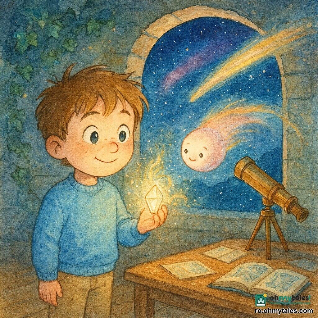 Un băiat de 6 ani cu fața rotundă și pistrui, ochi mari uimiți și păr castaniu deschis desfăcut, zâmbind timid, ține un mic cristal luminos în mâna dreaptă; poartă un pulover bleu și pantaloni bej, stând lângă o fereastră rotundă întredeschisă a unui observator. O cometă antropomorfizată numită Kira, sferă strălucitoare cu reflexe roz-argintii, emite filamente de lumină și plutește la înălțimea copilului lângă fereastră, înclinată ca și cum ar șopti, cu o expresie blândă și încurajatoare. În fundal, un telescop din alamă punctează cerul înstelat, podeaua este din lemn cu reflexe calde, iar hărți stelare și cărți deschise sunt împrăștiate în jur. Observatorul, așezat pe un deal, are pereți de piatră acoperiți de iederă fosforescentă; afară se vede o galaxie colorată și o cometă trecătoare cu coadă irizată. Scena principală: băiatul întinde cristalinul către o mică cometă adormită în centrul unei săli luminoase; lumina cristalului eliberează volute sclipitoare. Atmosferă magică, culori pastel vii, joc de lumină aurie și albastră, texturi acuarelă și stropi controlați pentru a accentua praful de stele.