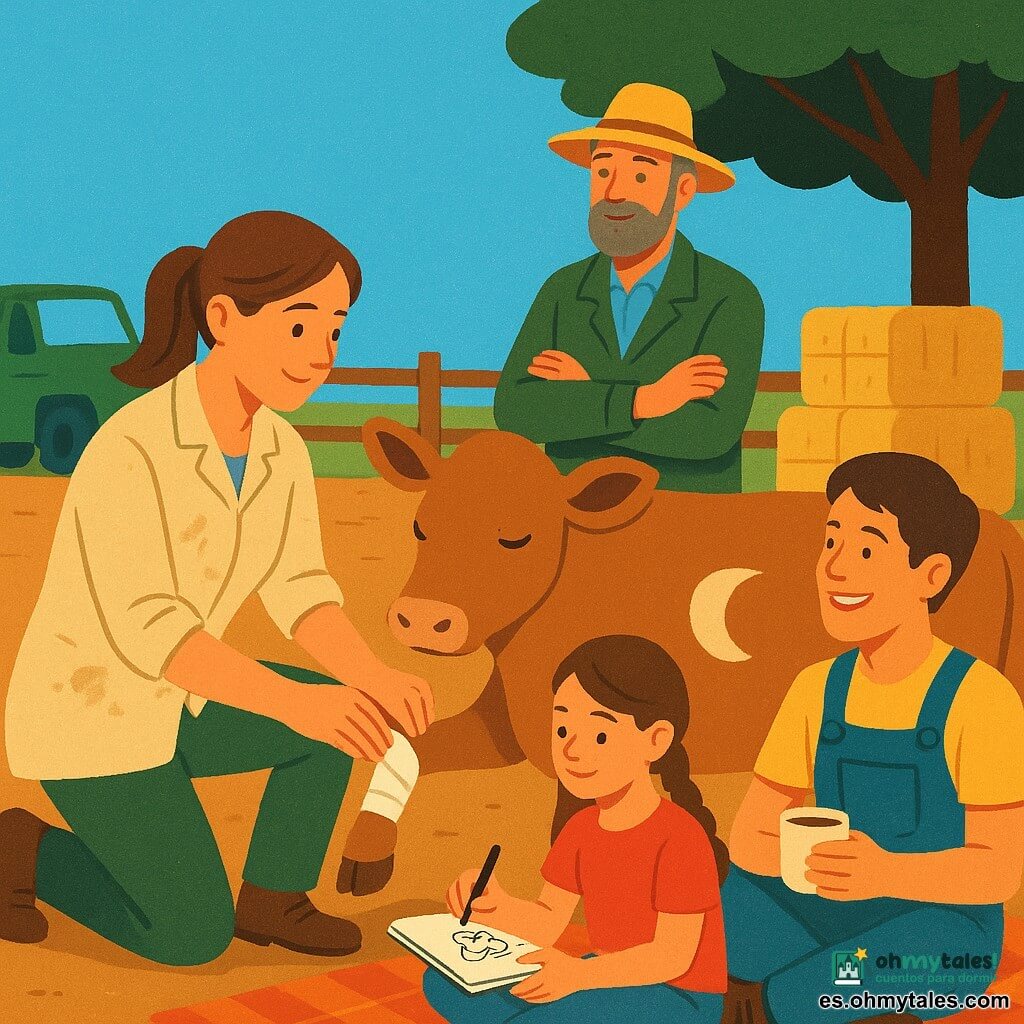 Una mujer veterinaria sonriente y concentrada de unos 30–35 años, cabello castaño recogido en cola, con bata beige manchada de tierra, arrodillada junto a la vaca para limpiar y vendar con manos calmadas una pequeña herida; a su lado el señor Martín, hombre de unos 50 años con chaqueta verde y sombrero de paja, la observa con gratitud y alivio, brazos cruzados; la niña Ana, de 11 años, con trenza, camiseta roja y vaqueros, está sentada sobre una manta a la sombra de un árbol dibujando una pequeña vaca; el joven Pablo, de 22 años, con mono azul, sentado junto a Ana, sostiene una taza de sopa y sonríe mirando a la veterinaria; la vaca Luna es grande y mansa, pelaje marrón claro con una mancha blanca en forma de luna en el flanco, una pata delantera vendada y mirada tranquila; el lugar es un corral de tierra a plena luz, con pacas de heno, una furgoneta verde al fondo y un gran árbol que da sombra; ambiente cálido, colores planos y contrastados, formas simples y estilo de póster infantil con textura de lápiz suave.