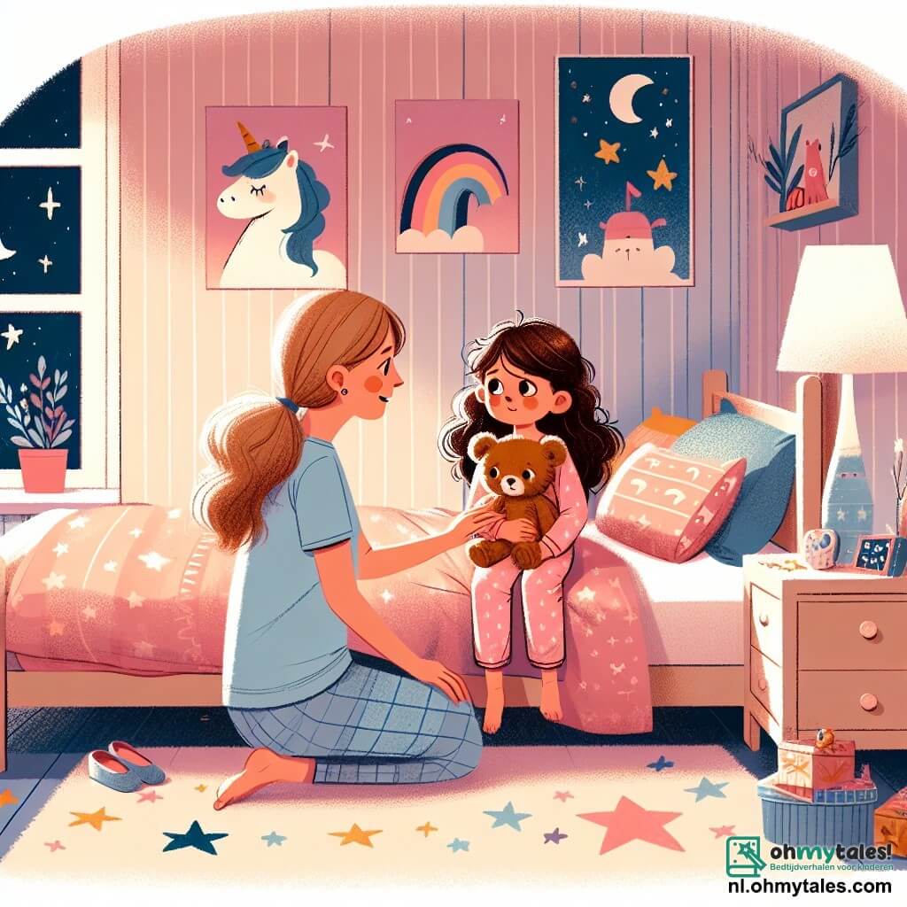 In een warme kamer zit een 7-jarig meisje, Lotte, met bruin, krullend haar op haar bed. Ze draagt een roze pyjama met sterren en knuffelt een teddybeer genaamd Beer. Lotte's moeder, een lieve vrouw van ongeveer dertig met lang blond haar, zit naast het bed, glimlachend en troostend. De kamer is versierd met pastelwanden, posters van eenhoorns en fonkelende sterren. Een nachtlampje verspreidt een zachte gloed, waardoor een rustgevende sfeer ontstaat. Speelgoed ligt verspreid over de vloer, en een raam toont een sterrenhemel buiten. Lotte kijkt bezorgd naar haar moeder, terwijl deze haar zachtjes geruststelt. Lotte houdt haar teddybeer stevig vast, terwijl het licht van de lamp hun gezichten verlicht en de duisternis om hen heen verdwijnt.