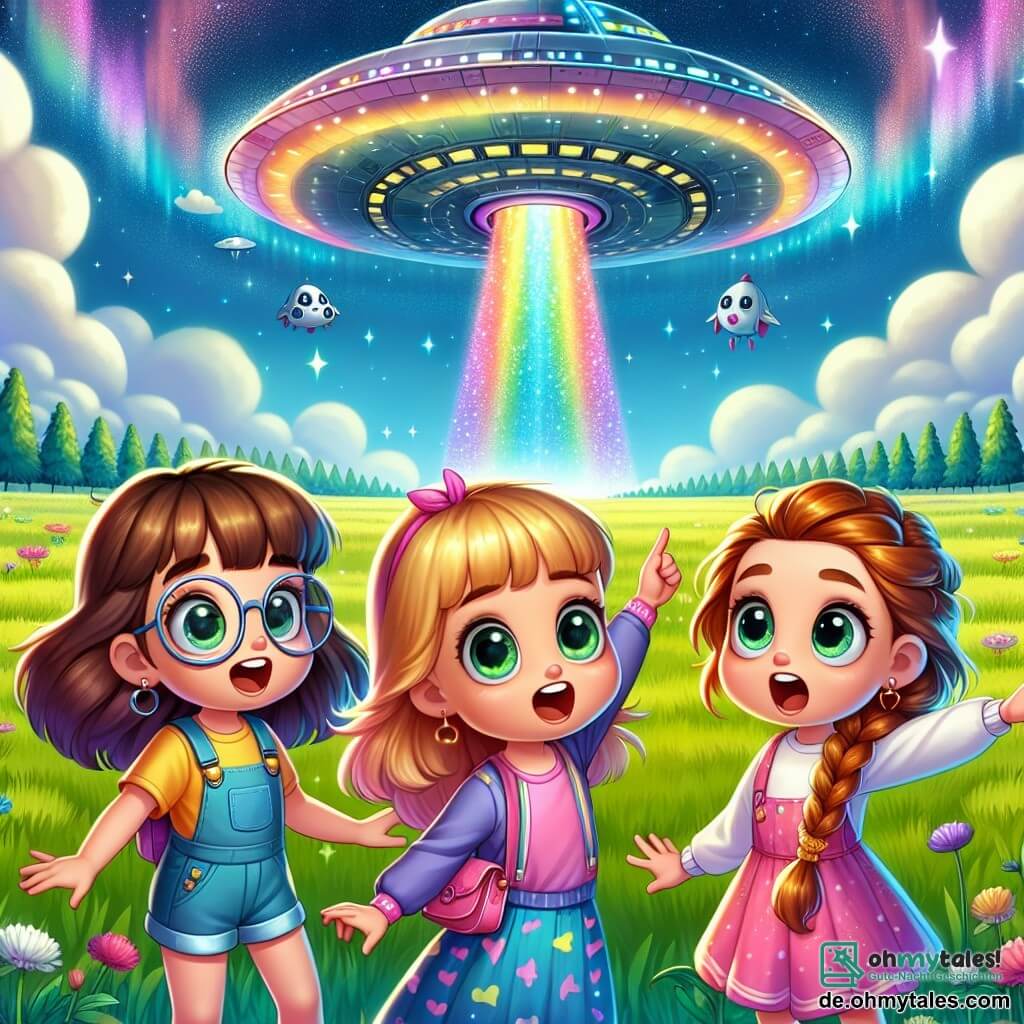 Im Vordergrund stehen drei Mädchen, Lisa, Anna und Mia, neun Jahre alt, auf einer weitläufigen grünen Wiese. Lisa mit braunen Haaren und runden Brillen lächelt fröhlich und zeigt zum Himmel. Anna mit lockigen blonden Haaren schaut mit weit aufgerissenen Augen, begeistert von einem herabkommenden Raumschiff. Mia mit kastanienbraunen Haaren und einem Zopf macht eine überraschte Geste mit erhobenen Armen. Im Hintergrund schwebt ein leuchtendes Raumschiff in Regenbogenfarben sanft über der Wiese. Der Himmel ist strahlend blau, mit flauschigen weißen Wolken, und Sterne beginnen am Horizont zu funkeln. Die Hauptsituation zeigt die Mädchen, die begeistert drei kleine freundliche Außerirdische mit großen Augen und glitzernden Kostümen empfangen. Die Außerirdischen, Zeelo, Miri und Filo, schweben leicht über dem Boden, lächeln und strecken die Arme zu den Mädchen aus, bereit, ihr unglaubliches intergalaktisches Abenteuer zu teilen.
