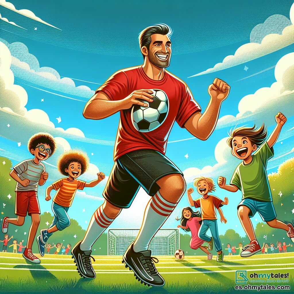 Un hombre alto y musculoso, llamado Diego, está en el centro de la imagen, con una amplia sonrisa en su rostro. Lleva una camiseta de fútbol roja y pantalones cortos negros, y está driblando un balón de fútbol en un campo verde, rodeado de niños. A su derecha, una niña de 8 años, Ana, con cabello castaño y gafas, salta de alegría levantando los brazos. A su izquierda, un niño de 9 años, Juan, con cabello rubio despeinado y una camiseta azul, corre hacia Diego, listo para recibir el balón. El lugar es un gran campo deportivo soleado, con árboles verdes de fondo y niños jugando y riendo alrededor. El cielo es azul con algunas nubes blancas, creando una atmósfera alegre y dinámica. La situación principal muestra a Diego jugando con los niños, compartiendo risas y trucos de fútbol, ilustrando la alegría de jugar juntos y la importancia de la amistad en el deporte.