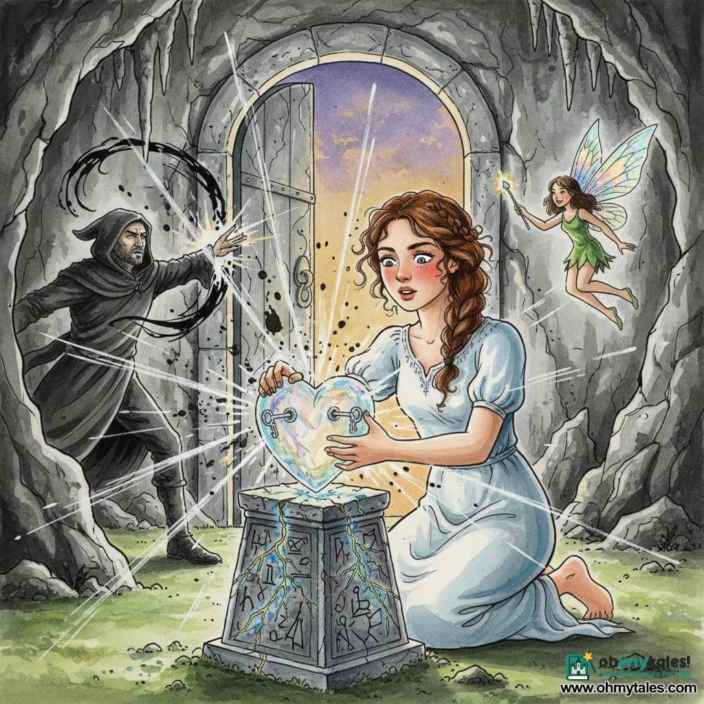 Elara, a young woman (~20), expressive and determined with rosy cheekbones and chestnut curly hair in a loose braid, kneels with her hands on a translucent crystal heart, eyes bright and mouth slightly open in wonder; Lira, a tiny palm-sized female fairy with iridescent holographic wings, hovers to Elara's right, smiling and waving a thin wand; the Shadow Sorcerer, a ~40-year-old hooded dark figure, is pushed back at left background by black ink tendrils halted by bursts of light; the crystal heart sits on a cracked rune-engraved stone pedestal, emitting blue and gold veins of light up the cave-chamber walls of rough grey rock with thin stalactites and a green moss floor, a large stone door behind Elara opens onto a violet-gold sky; Elara inserts two sparkling keys into the heart and sharp beams of light scatter dark ink droplets — centered composition on her gesture, high contrast between dark ink strokes and colorful light spots, sumi-e style with fluid black ink washes for shadows, watercolor touches for the crystal and wings, visible paper texture, expressive clean line, fairy-tale atmosphere.