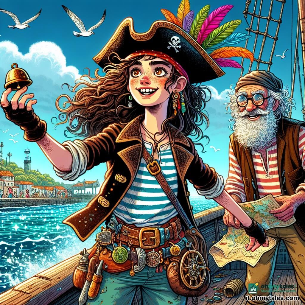 Una giovane donna pirata, Livia, si erge orgogliosa sul ponte della nave "Sussurro". Ha capelli castani disordinati, occhi brillanti di determinazione e un sorriso caloroso. Indossa un cappello da pirata decorato con piume colorate e una giacca di pelle usurata, con una cintura piena di piccoli tesori. Le sue mani sono tese verso una piccola campanella brillante che ha appena ritrovato, e il suo volto esprime una gioia radiosa. Accanto a lei, un uomo anziano, Tobia, un astrocartografo, osserva il mare con occhiali tondi. Ha una barba bianca arruffata e un'aria saggia, vestito con una camicia a righe e un gilet di pelle. Tiene una vecchia mappa tra le mani, mostrando il percorso verso la grotta. Sullo sfondo, il molo di Porto Verde è animato da bambini che ridono e pescatori che preparano le loro reti. Il cielo è di un blu brillante, punteggiato di nuvole bianche, e il sole splende sull'acqua scintillante. La scena mostra Livia, piena di energia, che solleva la campanella sopra la testa, mentre le onde si infrangono dolcemente contro lo scafo della nave. L'atmosfera è gioiosa e piena di speranza, catturando il momento in cui Livia realizza di aver finalmente mantenuto la sua promessa.