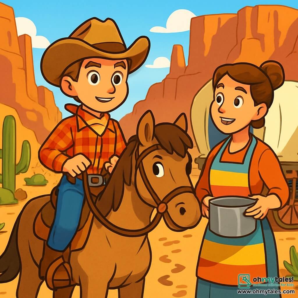 A young cowboy, Jake, about 12 years old, wearing a wide-brimmed cowboy hat, a red plaid shirt, and denim pants, is sitting on his horse Dusty. His face shows courageous determination, with bright eyes and a confident smile. Next to him, Clara, a woman in her thirties with brown hair in a bun, wearing a colorful apron and holding a large pot, looks at Jake with an encouraging expression, standing near the trailer camp. The setting is Bandit Canyon, a wild landscape with steep cliffs, red rocks, and mysterious shadows. Cacti and thorny bushes dot the dusty ground, while a bright blue sky stretches above. The main situation shows Jake ready to venture into the canyon in search of Thunderhoof, the missing horse, with visible footprints in the sand. The air is filled with tension and excitement as Jake prepares to face the unknown.
