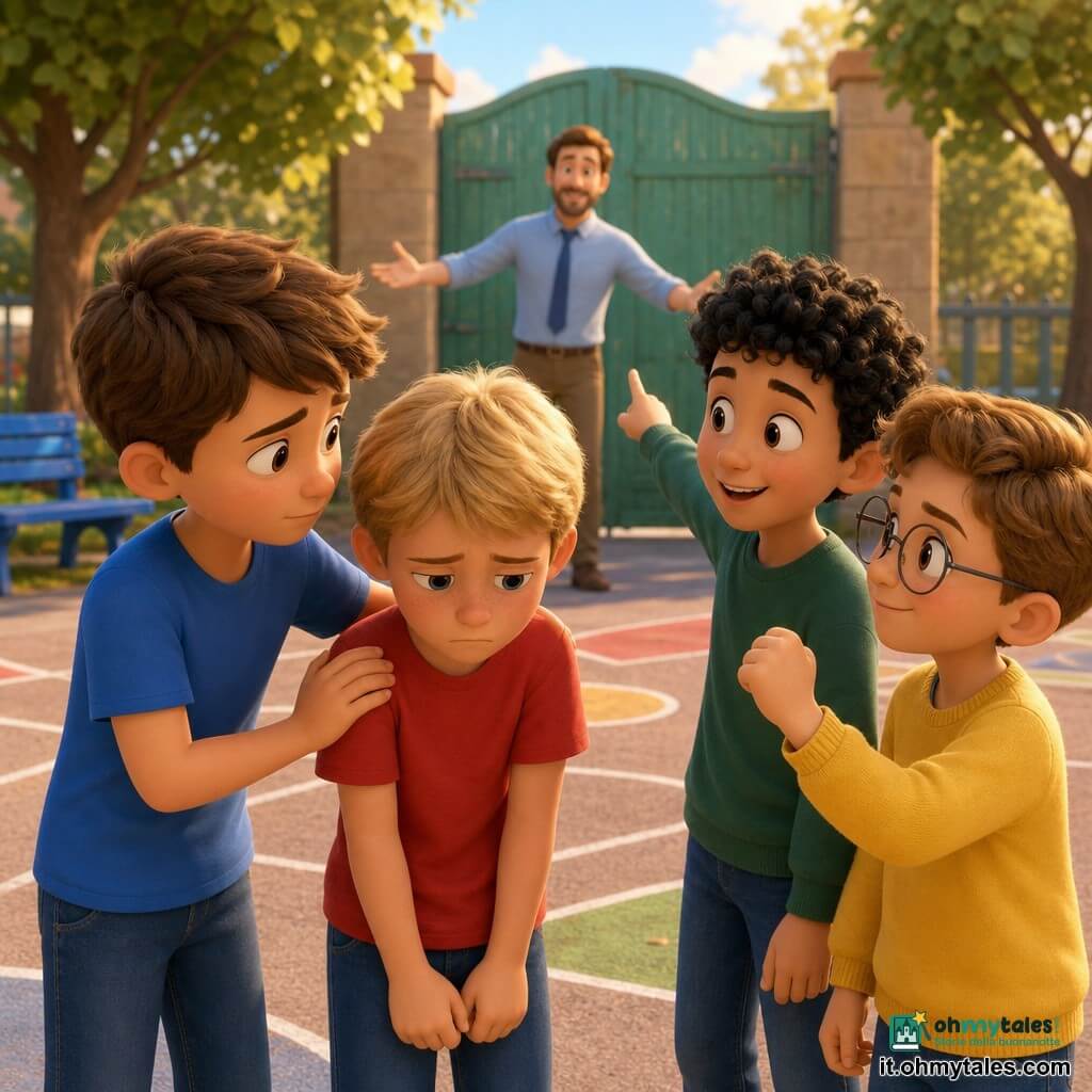 Ci sono quattro bambini: un ragazzo di circa 8 anni, capelli castani corti, maglietta blu e jean, sguardo preoccupato, al centro-sinistra che sostiene con la mano sulla spalla l'amico triste; un ragazzo di circa 8 anni, capelli biondi scompigliati, maglietta rossa, volto triste e spalle chiuse, al centro leggermente indietro con lo sguardo abbassato e le mani raccolte; un ragazzo di circa 8 anni, capelli neri ricci, felpa verde e sorriso incoraggiante, a destra che indica delicatamente verso la maestra; un ragazzo di circa 8 anni, capelli castano chiaro, occhiali rotondi e maglione giallo, aria decisa e protettiva, all'estrema destra con il braccio leggermente alzato come per dire "siamo insieme". Luogo: una cortile scolastico colorato con asfalto dipinto a motivi geometrici, una grande porta di legno verde sullo sfondo, alberi dalle foglie tonde e panchine metalliche blu, luce calda pomeridiana e ombre morbide in tonalità pastello. Situazione: i quattro bambini sono insieme a sostenere il ragazzo triste dopo una lite; atmosfera di solidarietà e conforto, gesti protettivi e la maestra sullo sfondo con le braccia aperte.