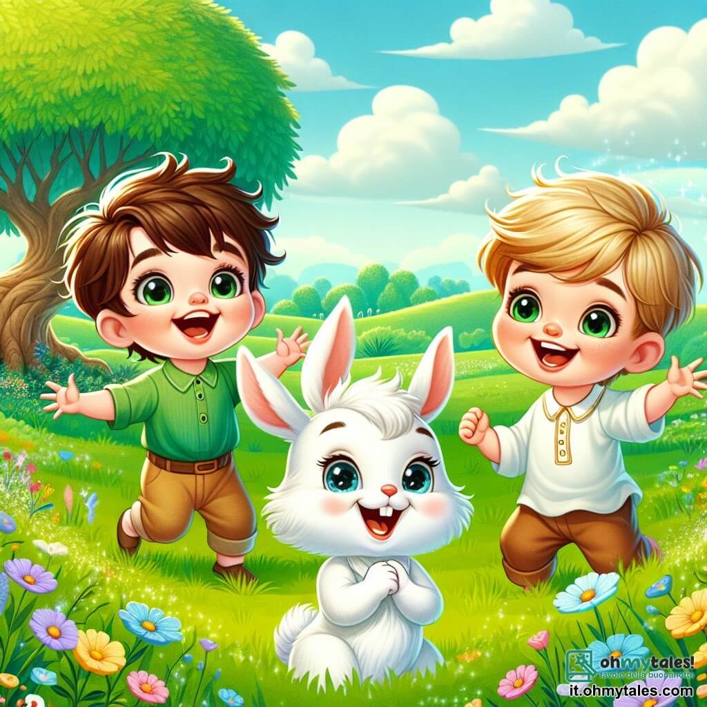 Tre piccoli ragazzi, Luca, Marco e Gianni, di un anno, si trovano al centro di un vasto prato verde. Luca, con i capelli castani disordinati e un sorriso splendente, alza le braccia verso il cielo, come se volesse afferrare le nuvole. Marco, con i capelli biondi e gli occhi vivaci, ride a crepapelle, le mani sui fianchi, mentre Gianni, con i capelli castani e le guance rotonde, fa un piccolo salto di gioia, le braccia aperte. Il loro amico, il Coniglio Magico, un adorabile coniglio dalle grandi orecchie e dal pelo bianco splendente, si trova proprio davanti a loro, inclinando la testa con un sorriso malizioso. La scena si svolge in un prato soleggiato, punteggiato di fiori colorati che danzano dolcemente al vento. Un albero maestoso con rami larghi e fogliosi sembra ascoltare le risate dei bambini, mentre un ruscello scintillante serpeggia attraverso il paesaggio, producendo una dolce melodia. I quattro amici stanno scoprendo un mondo magico, ridendo e ballando insieme, mentre si preparano a seguire il Coniglio Magico verso una nuova avventura piena di sorprese e risate.