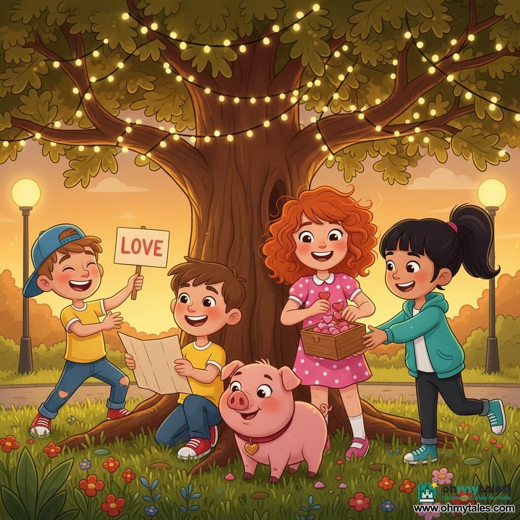 The scene shows 10-year-old Lily, radiant and joyful with messy curly red hair and a pink polka-dot dress, opening a small wooden box of heart-shaped candies under a large oak decorated with string lights; 10-year-old Mia, smiling with a black ponytail and turquoise jacket, reaches for a candy at Lily's right; about 9-year-old Ben, enthusiastic and blushing in a yellow t-shirt and red sneakers, kneels left by the tree showing an unfolded treasure map; about 9-year-old Josh, mischievous and laughing in a backward blue cap and ripped jeans, stands slightly back left holding a paper sign reading Love; a small round pink pig named Penny with a heart-shaped collar sniffs the candies in the foreground between Lily and Mia; the park at dusk has green grass, colorful flowers and warm golden light from hanging lights, creating a festive Valentine’s atmosphere of sharing and joy as the children gather around the treasure box, laughing and offering candies.