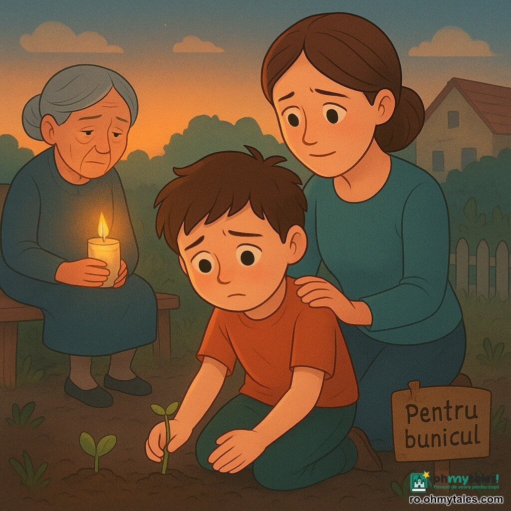 Un băiat de 10 ani cu fața rotundă și păr brun în dezordine îngenunchează în pământ, o mână pe o tulpină verde fragilă și cealaltă ținând o sămânță brun-închisă; mama (~35 ani) cu părul prins, privire blândă, stă în spate cu mâna pe umărul lui; bunica (~70 ani) cu părul gri în coc, așezată pe o bancă în stânga, ține o lumânare aprinsă într-un borcan; grădină de la țară la amurg, pământ umed, o placă mică cu inscripția „Pentru bunicul”, un răsărit verde tânăr lângă sămânță, lumină caldă a lumânării și umbre lungi; scenă concentrată pe gestul tandru al băiatului, atmosferă liniștitoare, ilustrație vectorială simplă, contururi clare și paletă pastel caldă.