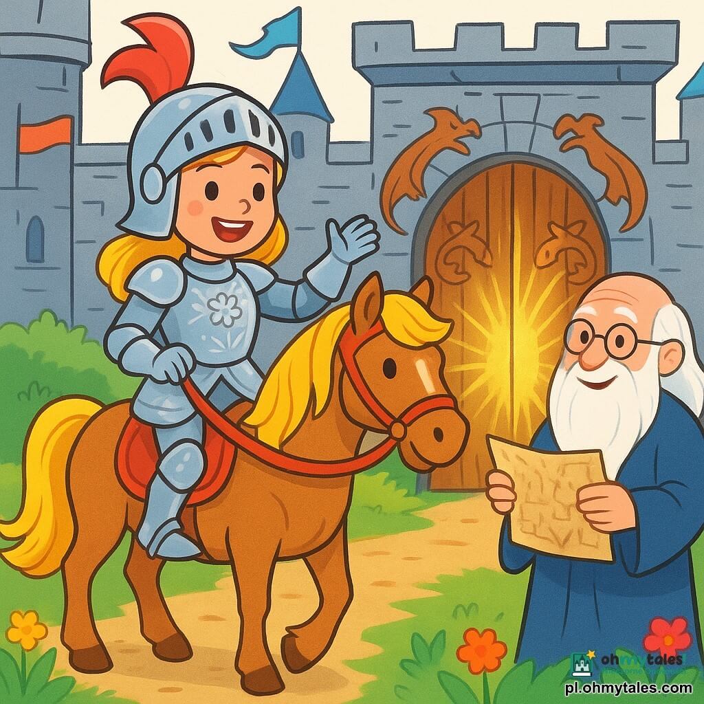 Młoda rycerka, Zosia, dumnie stoi na swoim koniu Płomyk, wspaniałym rumaku o złotych grzywach. Nosi błyszczącą zbroję ozdobioną kwiatowymi wzorami, a jej twarz promienieje determinacją i radością. Obok niej stoi wysoki, stary mędrzec z długą białą brodą i okrągłymi okularami, z życzliwym uśmiechem, trzymający w rękach starą mapę. Za nimi powoli otwiera się duża drewniana brama zamku, zdobiona rzeźbami smoków, ukazując kolorowy i przyjazny świat. Scena rozgrywa się na dziedzińcu średniowiecznego zamku, otoczonego szarymi kamiennymi murami, powiewającymi flagami i jaskrawymi kwiatami. Zosia, pełna entuzjazmu, wypowiada magiczne słowo "TOLERANCJA", aby otworzyć bramę przyjaźni, podczas gdy złote promienie światła oświetlają jej twarz i twarz mędrca.