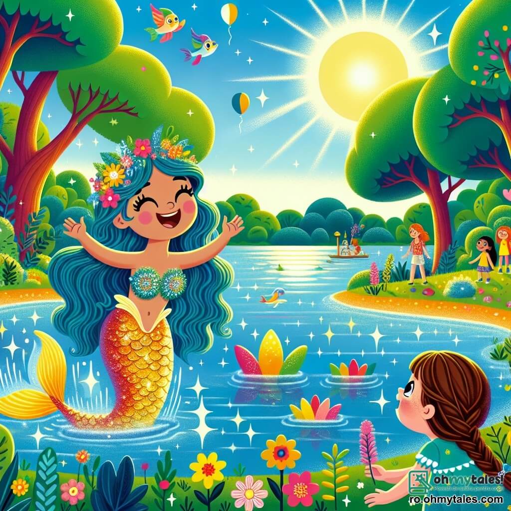 O sirenă numită Marina, cu părul lung și ondulat de un albastru strălucitor și o coadă strălucitoare cu solzi aurii, înoată vesel într-un lac magic, fața ei radiază fericire și speranță. Lângă ea, o fetiță pe nume Ana, de aproximativ 8 ani, cu părul brun împletit și o rochie colorată, o observă uimită pe sirenă ținând flori în mâini. Lacul este înconjurat de copaci mari cu frunze verzi strălucitoare, iar flori colorate cresc pe malurile sale, în timp ce soarele strălucește pe un cer albastru deschis, creând reflexii strălucitoare pe apă. Situația principală îi arată pe Marina și Ana, unite prin prietenia lor, pregătind o petrecere pe malul lacului pentru a sărbători magia apei, cu baloane plutind în aer și râsete răsunând în jurul lor.