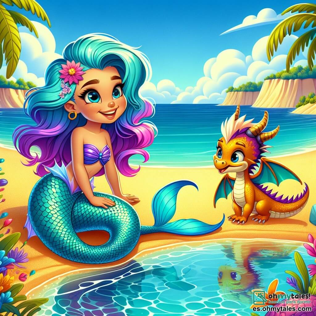 Una sirena llamada Marisol, con largos cabellos ondulados de colores turquesa y violeta, se encuentra en una playa soleada. Su cola brillante, adornada con patrones iridiscentes, brilla bajo los rayos del sol, y muestra una amplia sonrisa de asombro mientras explora el mundo más allá del océano. A su lado, un pequeño dragón llamado Drax, con escamas doradas y ojos chispeantes de curiosidad, agita sus alas con entusiasmo. Está emocionado, saltando alrededor de Marisol, listo para acompañarla en su nueva aventura. El escenario es una playa de arena dorada, bordeada de dunas ondulantes y un océano azul profundo que brilla en el horizonte. Las palmeras se balancean suavemente en la brisa, y flores coloridas añaden un toque de magia al entorno. La situación principal muestra a Marisol y Drax descubriendo un pequeño oasis escondido, donde se detienen para admirar la belleza del lugar. Marisol se agacha cerca del agua clara, asombrada por su reflejo, mientras Drax se acerca con curiosidad, listo para explorar este nuevo lugar mágico.