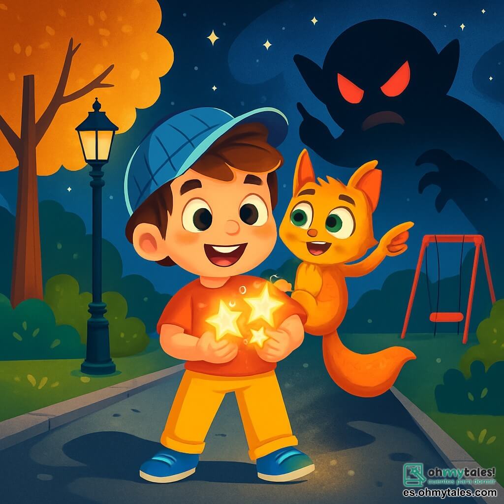 Un niño de 6 años, con cabello castaño desordenado y ojos brillantes de curiosidad, está de pie en una acera, con una sonrisa maravillada en su rostro. Lleva una chaqueta azul a rayas y pantalones amarillos, y sostiene en sus manos tres pequeñas esferas de luz centelleantes que brillan como estrellas. A su lado, Brillín, una criatura peluda y adorable, tiene ojos verdes brillantes y una cola larga y suave. Está sentado en el hombro del niño, sonriendo y señalando las luces con entusiasmo. El escenario es un parque urbano, con árboles de hojas doradas, farolas que brillan y un viejo columpio rojo al fondo. La noche está estrellada y una ligera bruma mágica flota en el aire, añadiendo un toque de misterio. La situación principal muestra al niño y a Brillín, listos para enfrentar una sombra amenazante que se perfila detrás de ellos, mientras las luces en sus manos emiten un resplandor brillante, iluminando el camino hacia la aventura.