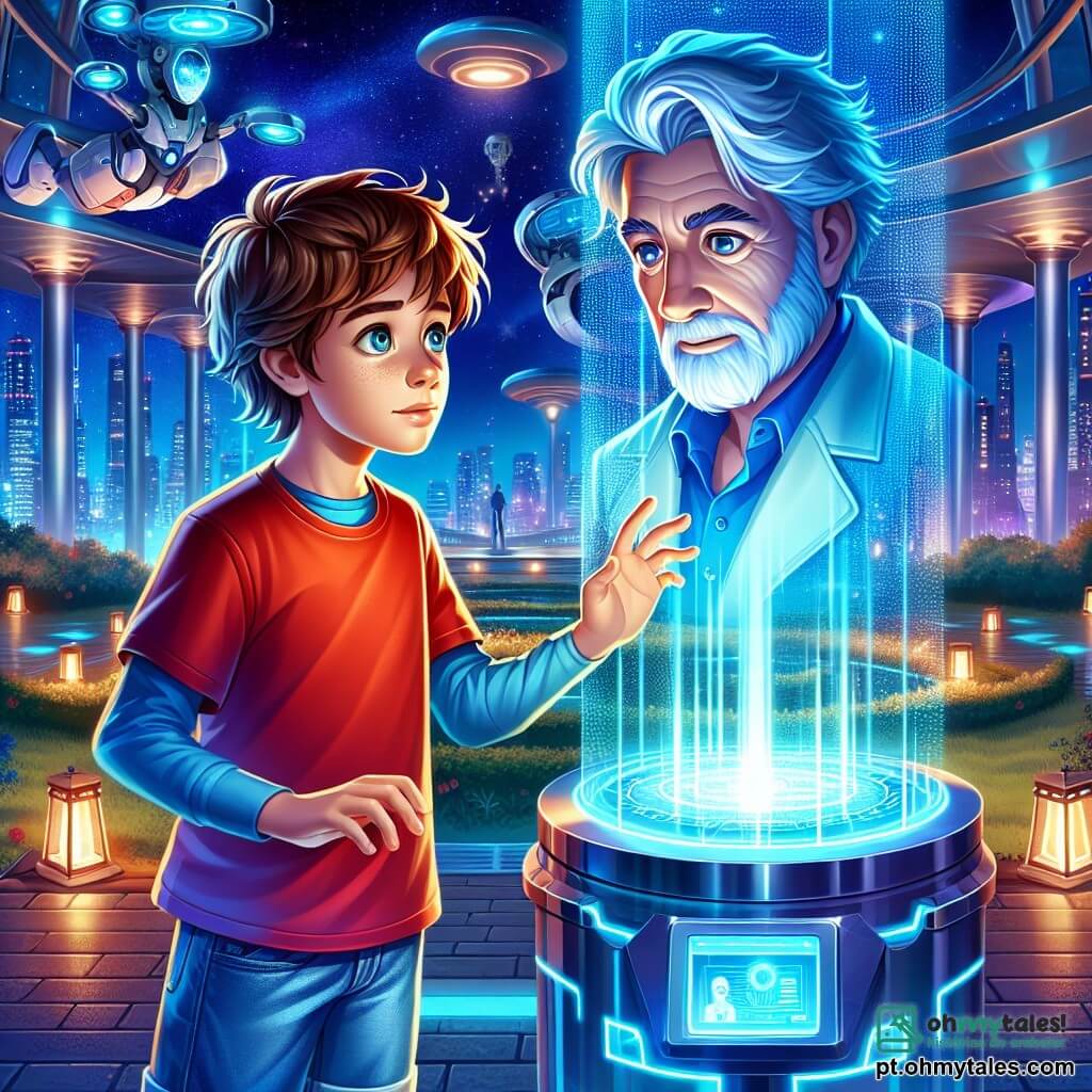 Um garoto de 10 anos, Leo, com cabelos castanhos bagunçados e olhos brilhantes de curiosidade, está diante de uma estátua misteriosa de metal brilhante, seu rosto iluminado pelo brilho das luzes da cidade. Ele usa uma camiseta vermelha vibrante e um short de jeans, e sua expressão é ao mesmo tempo maravilhada e determinada. Ao lado dele, um holograma do Dr. Orion, um cientista com cabelos grisalhos e barba bem cuidada, sorri calorosamente. Ele é projetado em azul luminoso, flutuando ligeiramente acima do solo, e parece explicar algo importante a Leo. A cena acontece em um parque futurista de Luminaris, cercado por jardins flutuantes e torres prateadas que se erguem em direção ao céu estrelado. Drones sobrevoam suavemente a área, acrescentando um toque de tecnologia ao ambiente pacífico. Leo, intrigado, aperta um botão da estátua, que começa a se abrir, revelando uma luz radiante e uma passagem secreta. A atmosfera está cheia de excitação e mistério, ilustrando o momento em que Leo descobre o segredo oculto da cidade.
